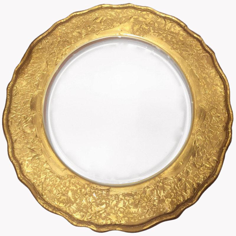 Exquisito juego de dos platos de presentación hechos de cristal macizo y con un gran borde dorado con maravillosos adornos modernos abstractos grabados. Ideal como platos de presentación o también como platos redondos, este juego refleja la
