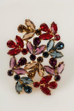 Set of 2 Gold Metal and Multicolor Rhinestone Brooches