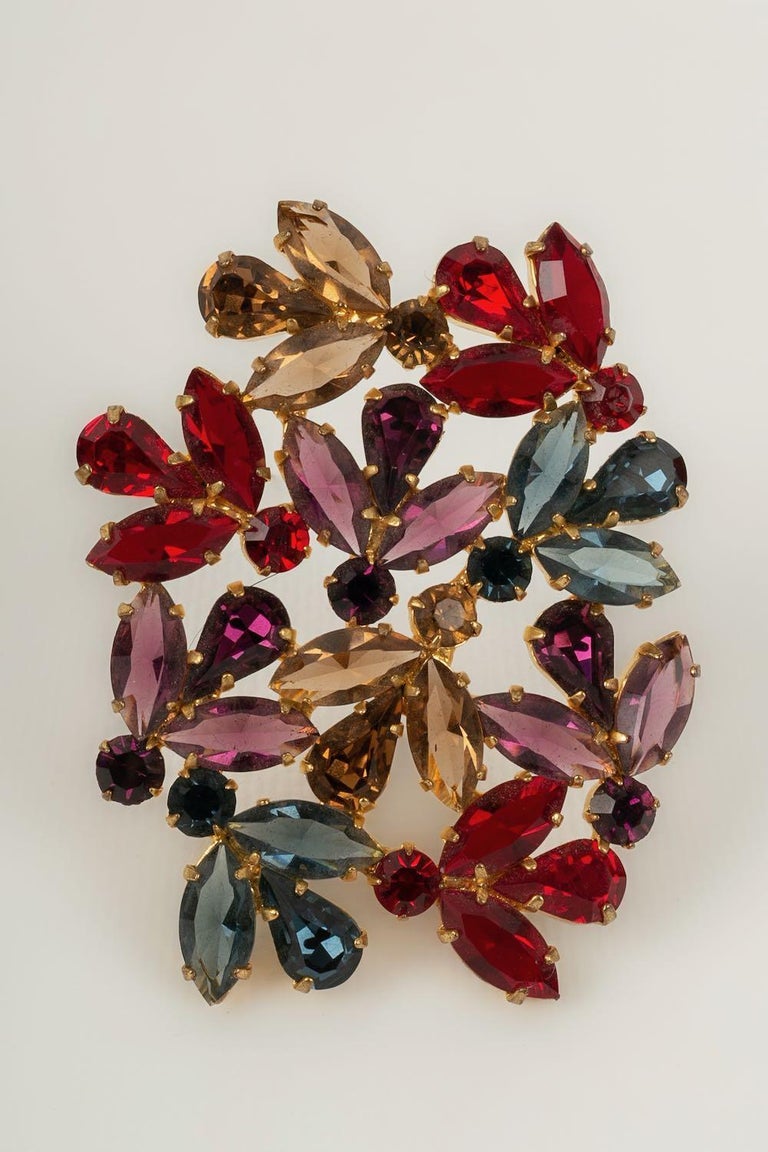 Broche Vintage Années 80 - Métal Doré Avec Cabochons Et Strass Multicolores - Occasion