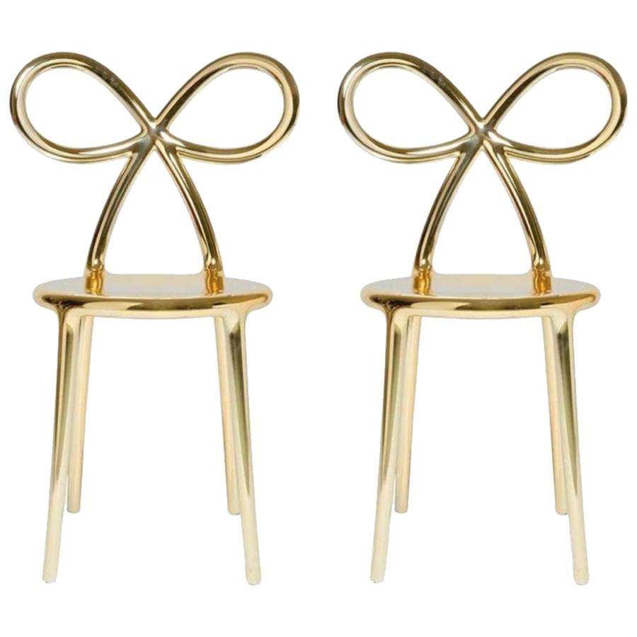 In Stock in Los Angeles, Set of 2 Gold Metallic Ribbon Chairs by Nika Zupanc