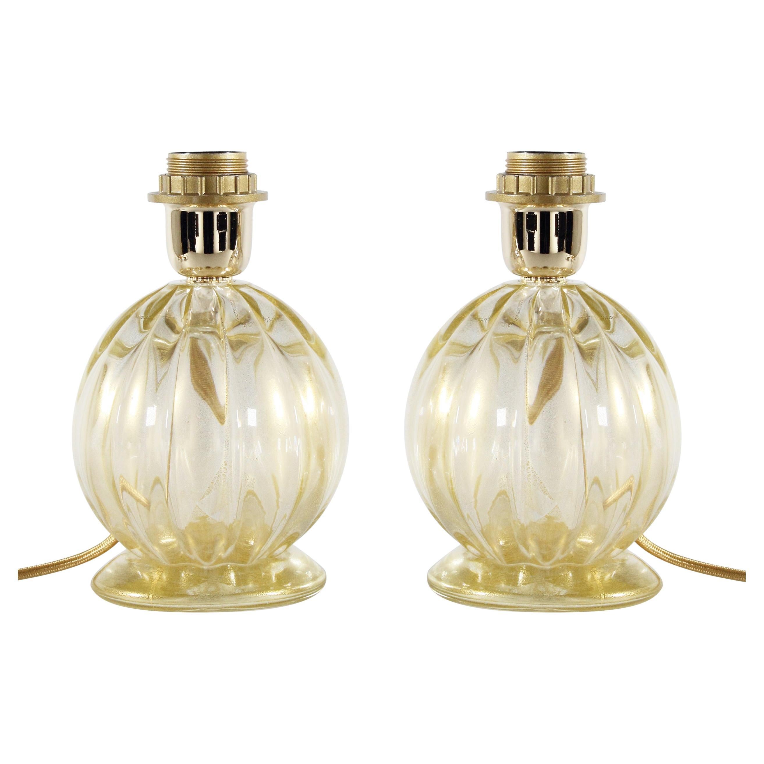 Set of 2 Gold Ribbed massive Murano Glass vintage Table Lamps