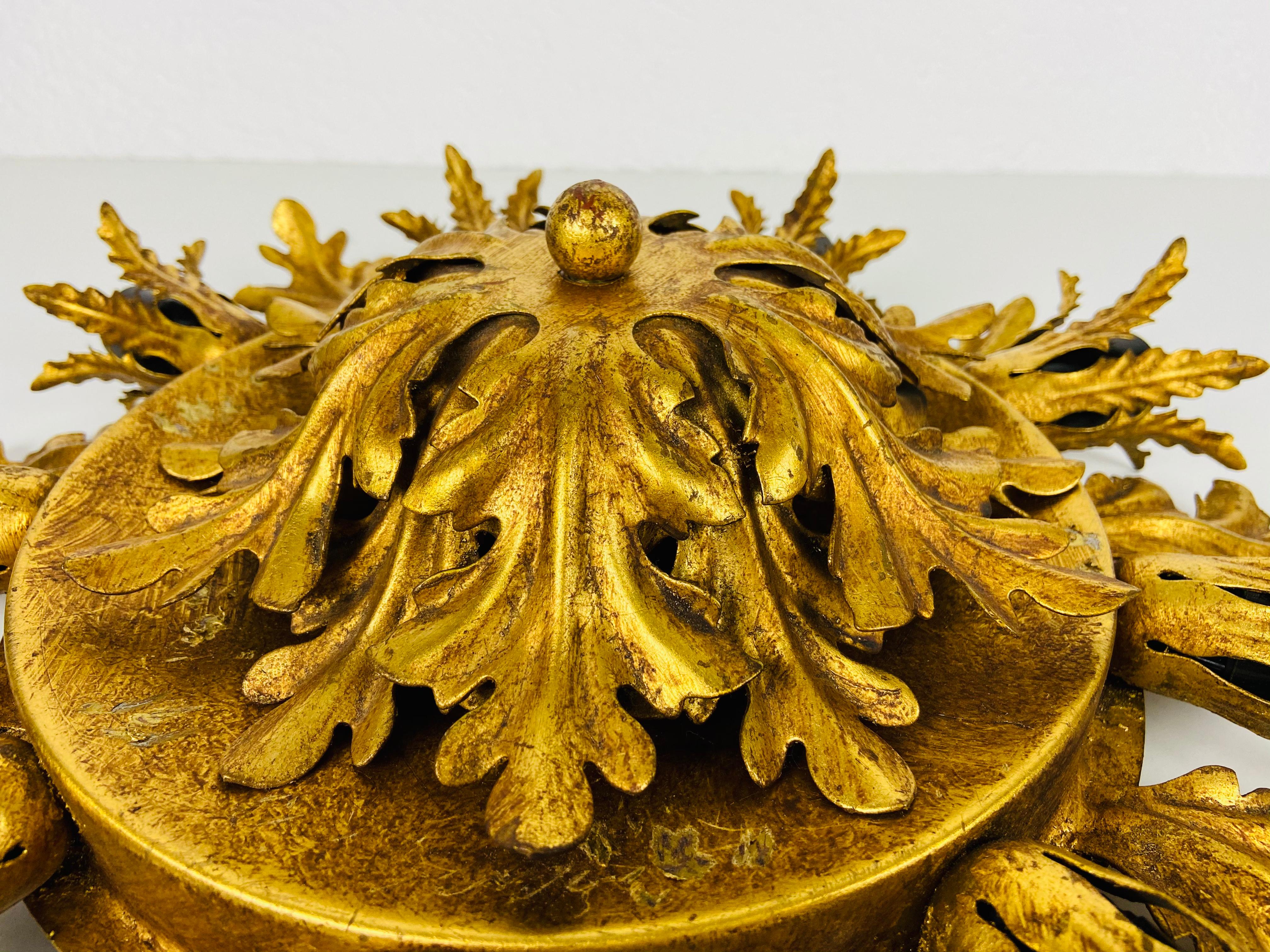 Set of 2 Golden Florentine Flower Shape Flushmounts by Banci, Italy, 1970s 1