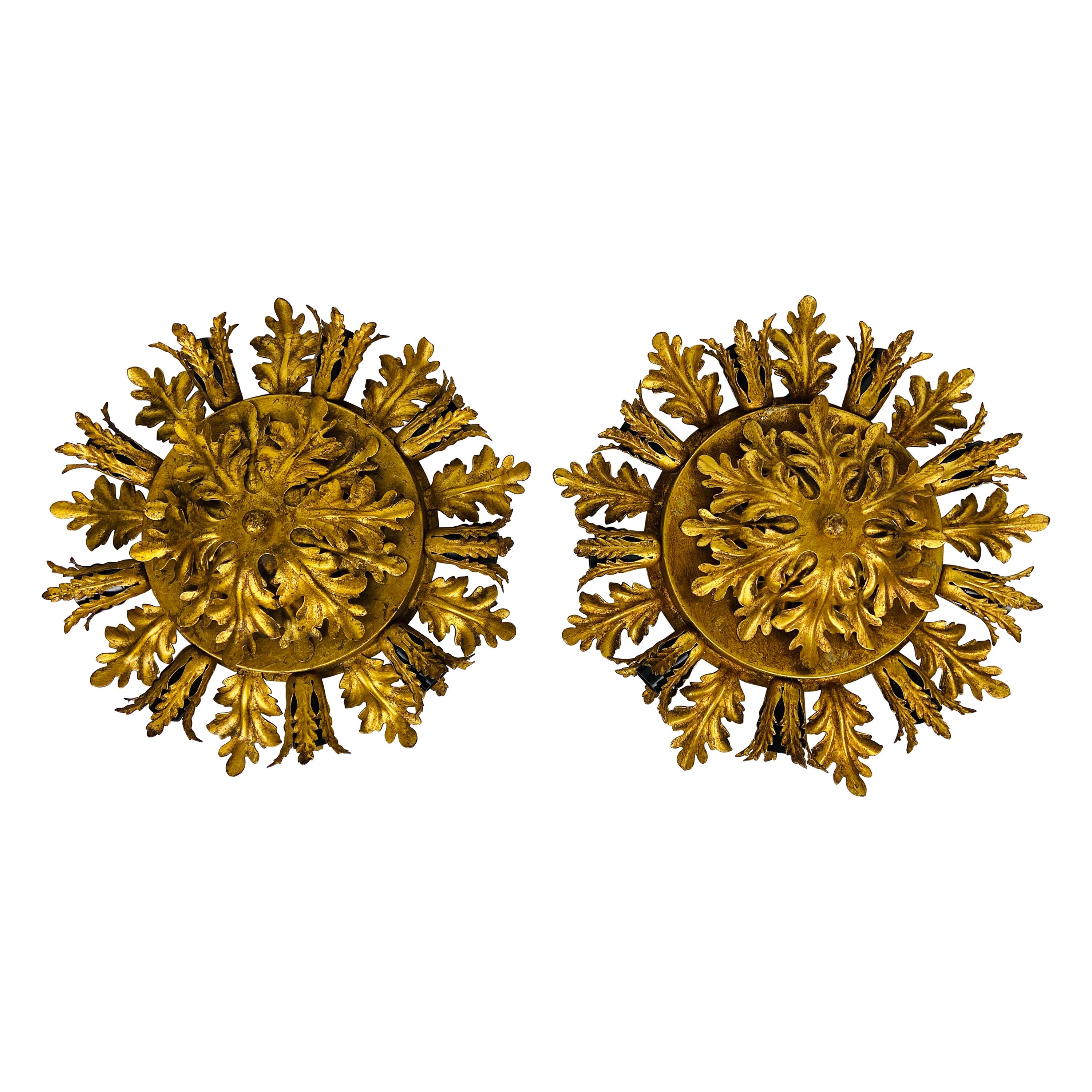 Set of 2 Golden Florentine Flower Shape Flushmounts by Banci, Italy, 1970s