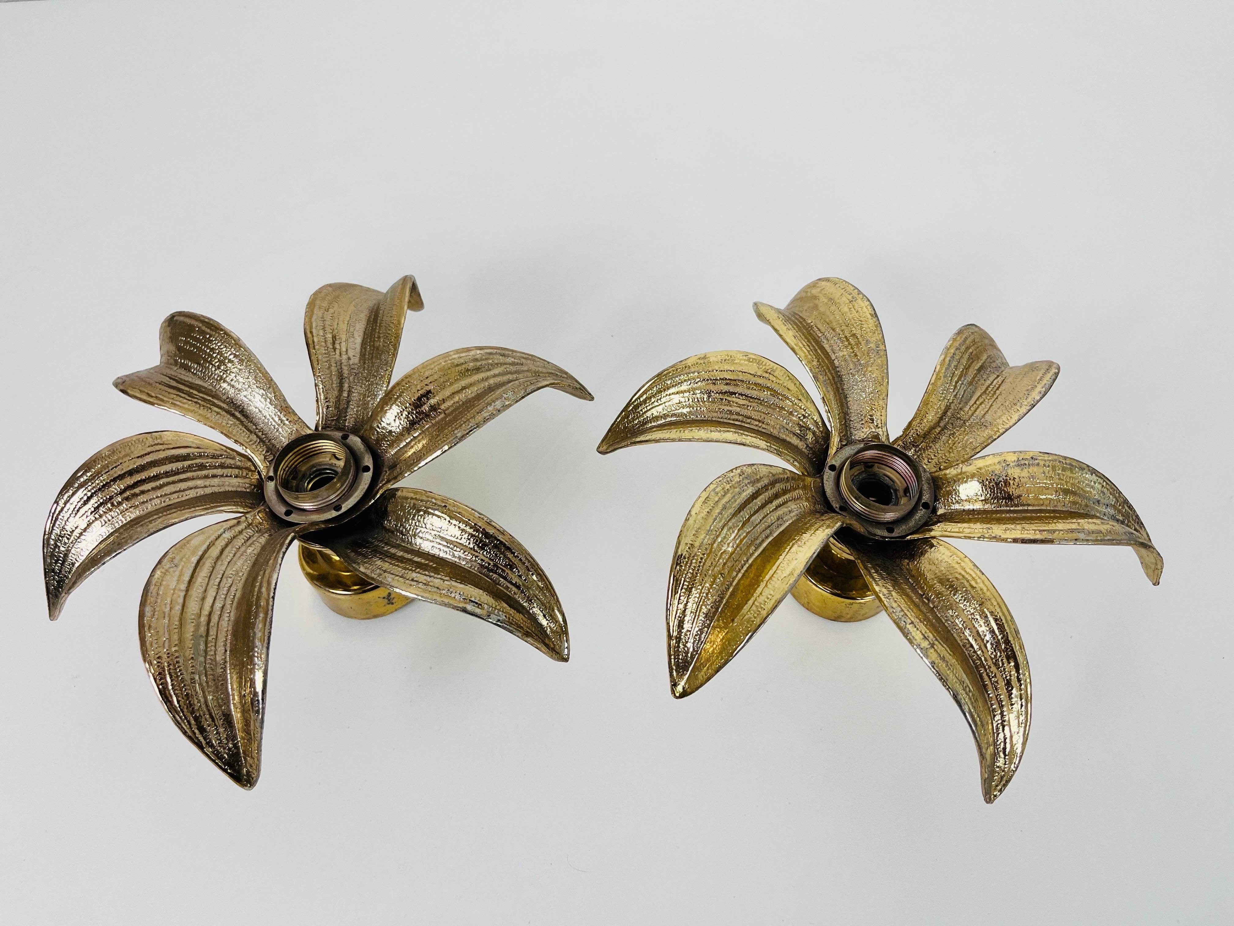 Belgian Set of 2 Golden Florentine Flower Shape Flushmounts by Willy Daro for Massive For Sale