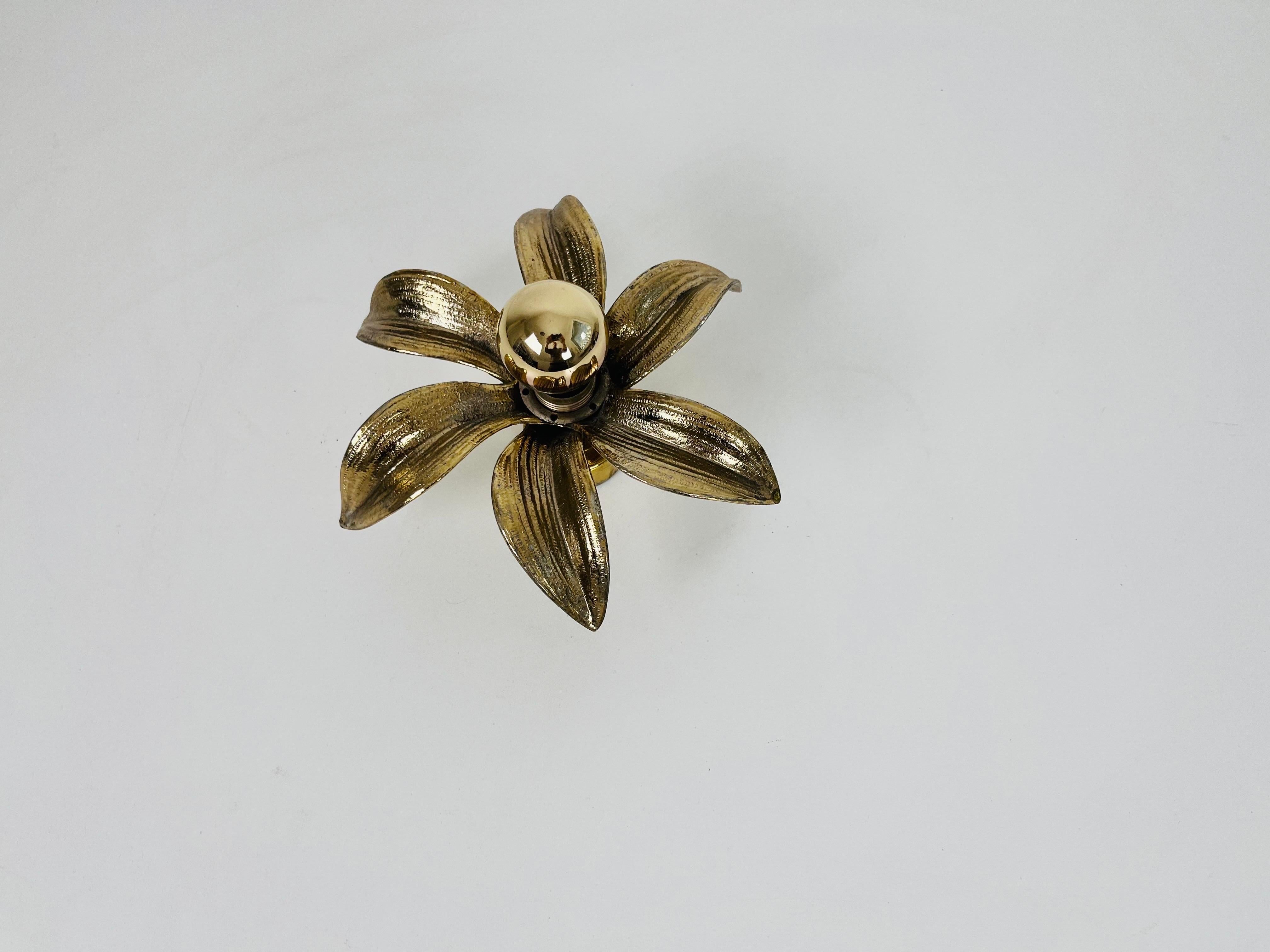 Brass Set of 2 Golden Florentine Flower Shape Flushmounts by Willy Daro for Massive For Sale