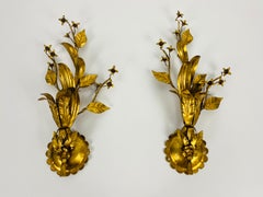Set of 2 Golden Florentine Flower Shape Wall Lamps by Banci, Italy, 1970s