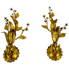 Set of 2 Golden Florentine Flower Shape Wall Lamps by Banci, Italy, 1970s