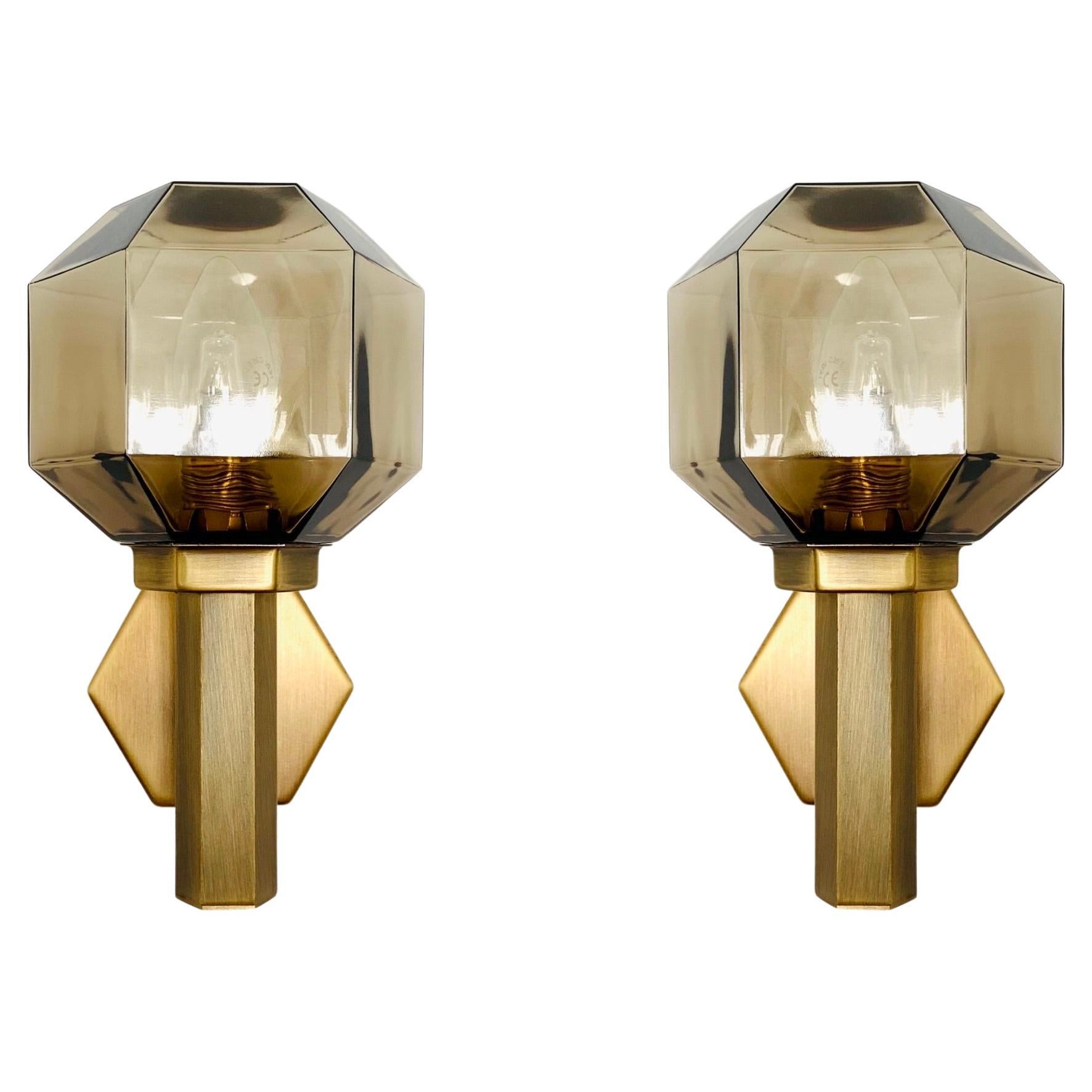 Set of 2 Golden Smoked Glass Wall Lamps from Hillebrand