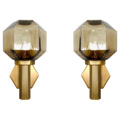 Retro Set of 2 Golden Smoked Glass Wall Lamps from Hillebrand