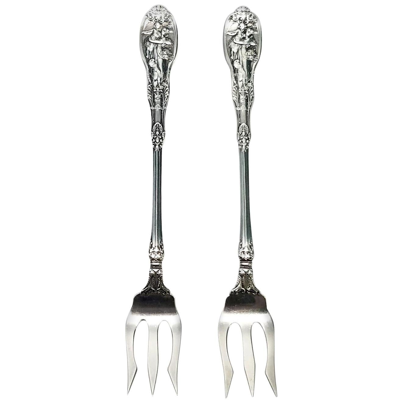 Set of 2 Gorham Mythologique Sterling Silver Pickle Forks, Multiple Monograms