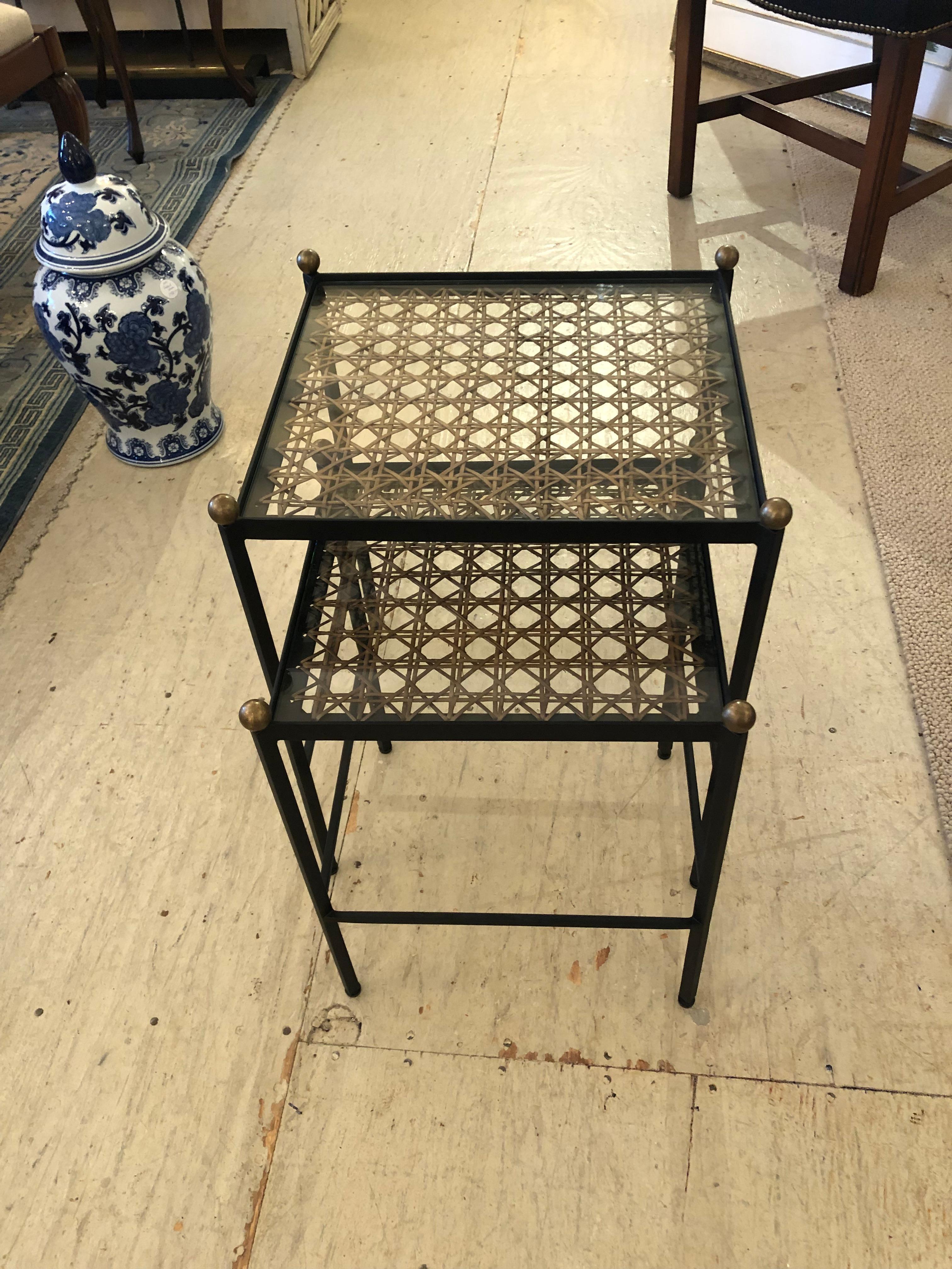 North American Set of 2 Great Looking Metal Cane and Brass Nesting Tables