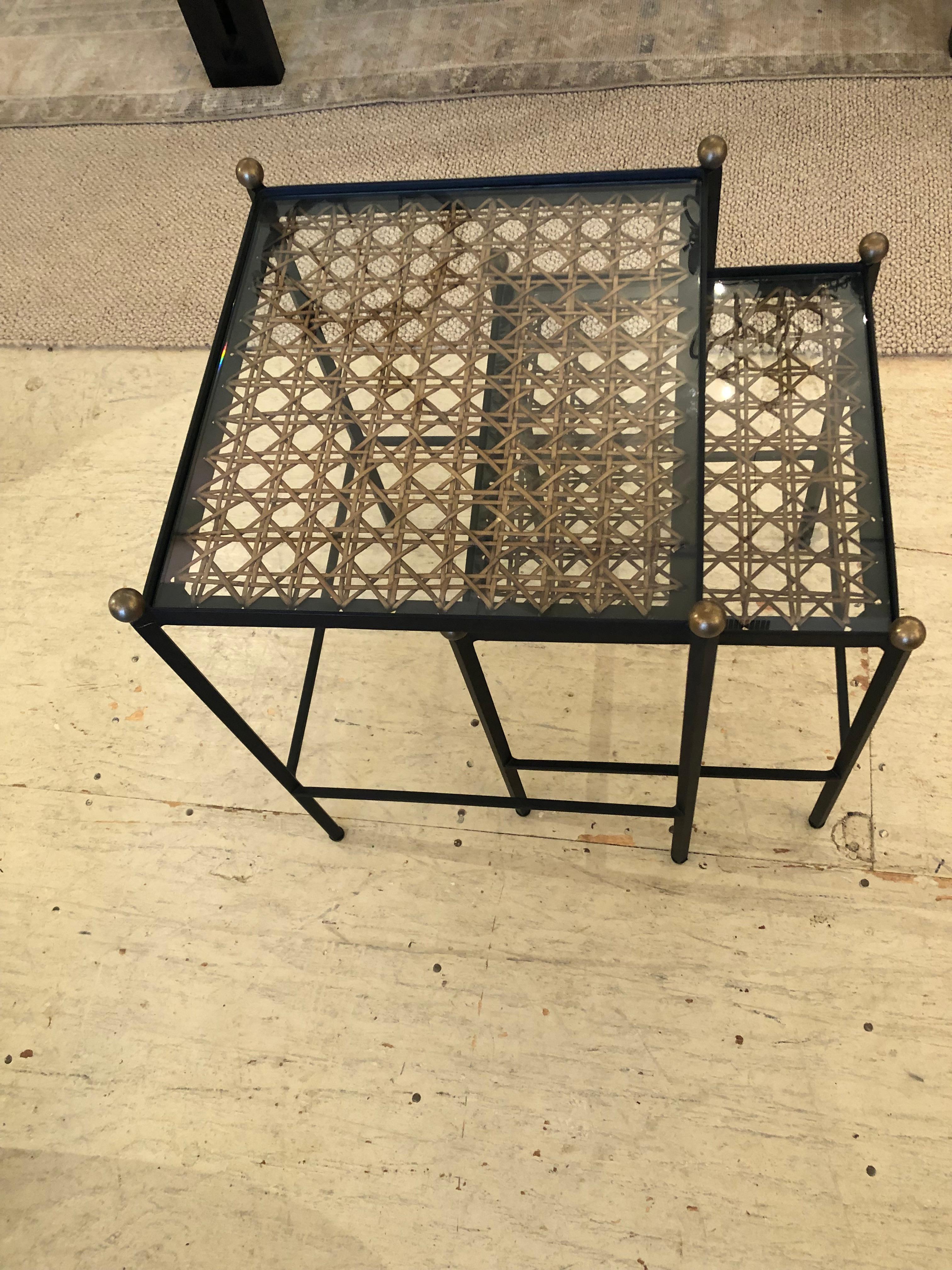 Set of 2 Great Looking Metal Cane and Brass Nesting Tables In Good Condition In Hopewell, NJ