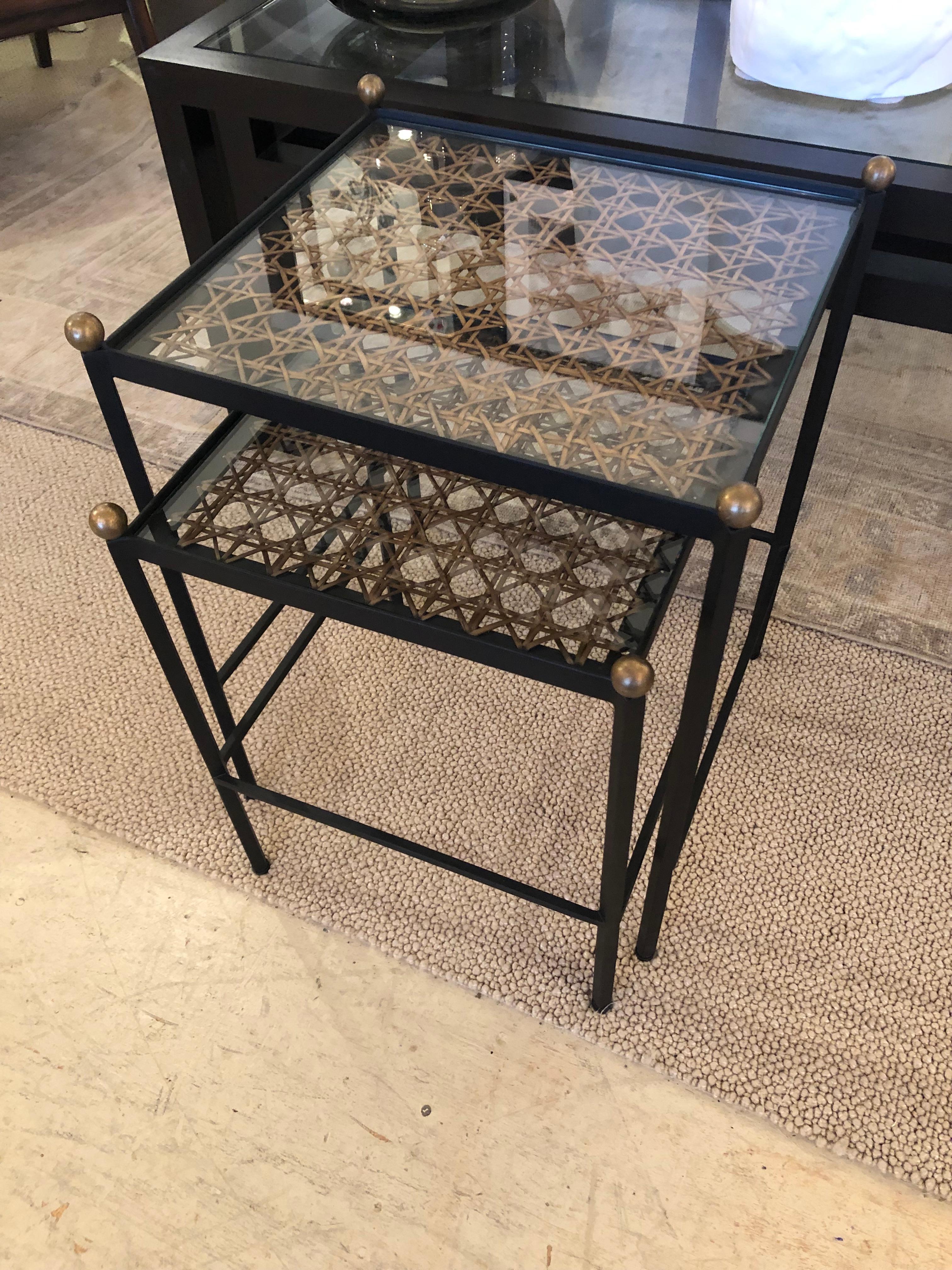 Contemporary Set of 2 Great Looking Metal Cane and Brass Nesting Tables