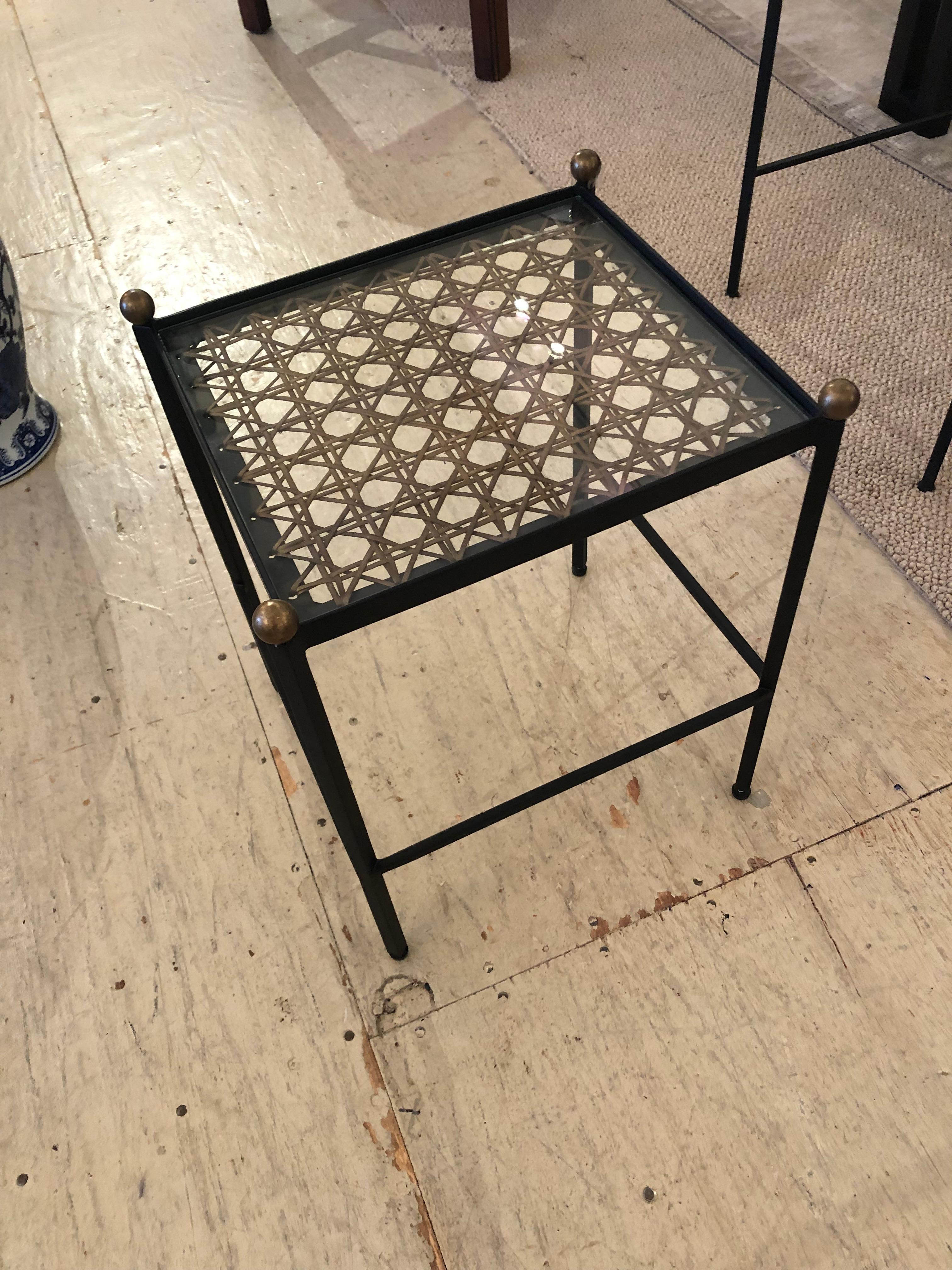 Set of 2 Great Looking Metal Cane and Brass Nesting Tables 1