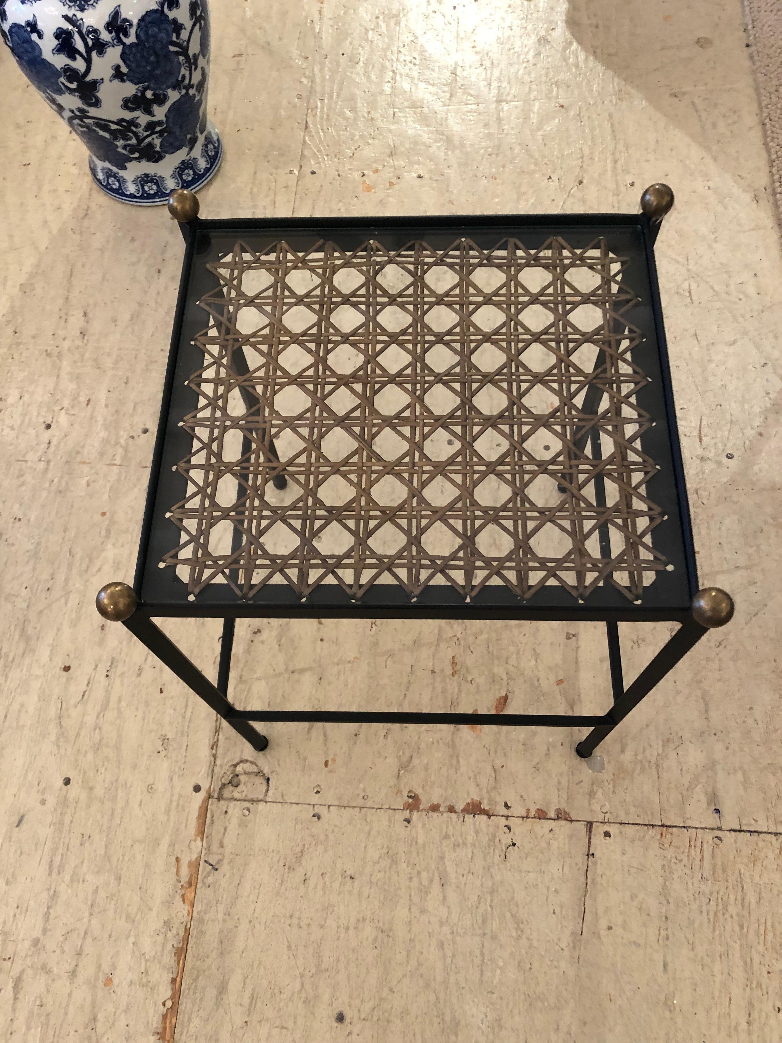 Set of 2 Great Looking Metal Cane and Brass Nesting Tables 2