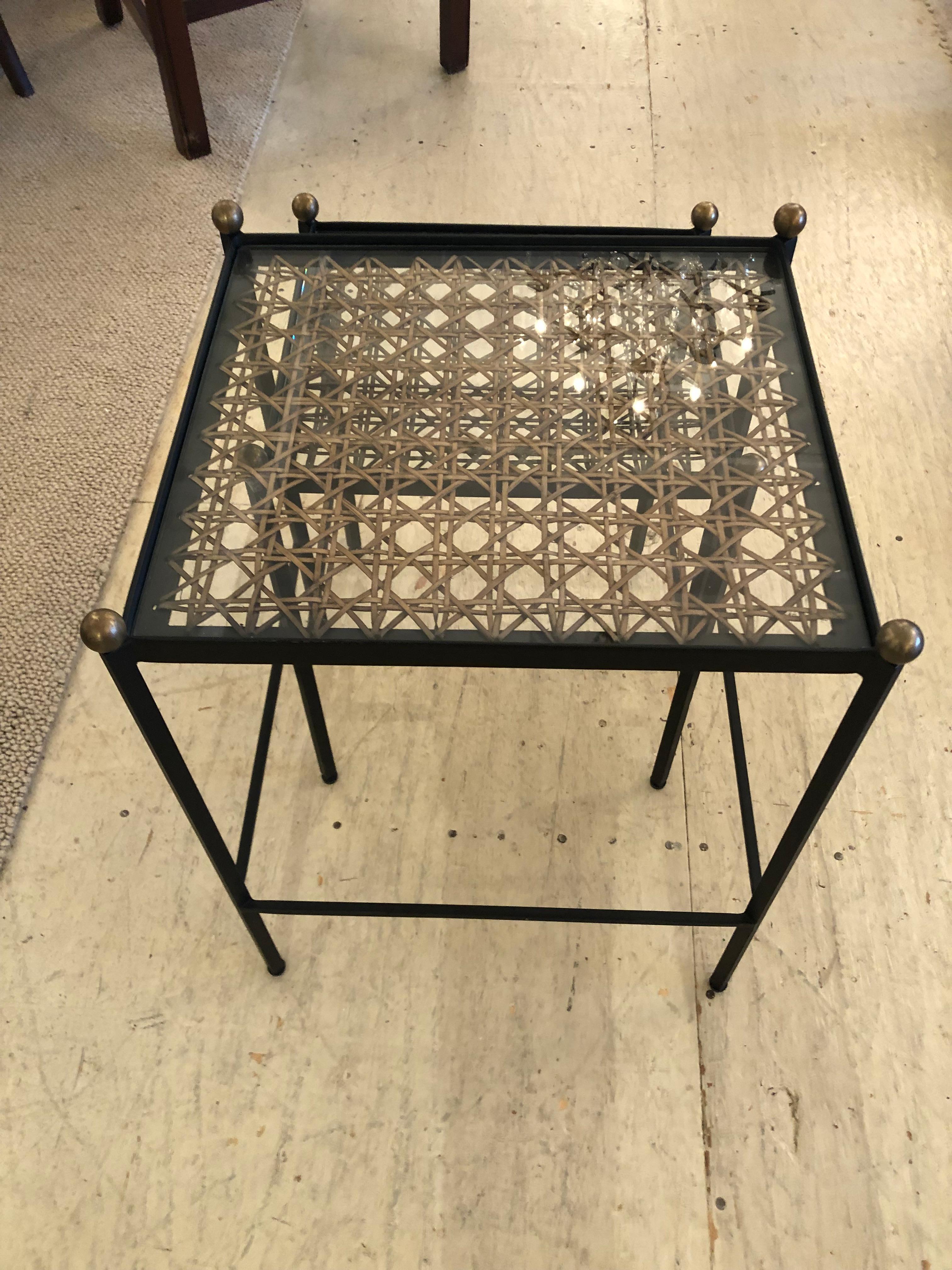 Set of 2 Great Looking Metal Cane and Brass Nesting Tables 3