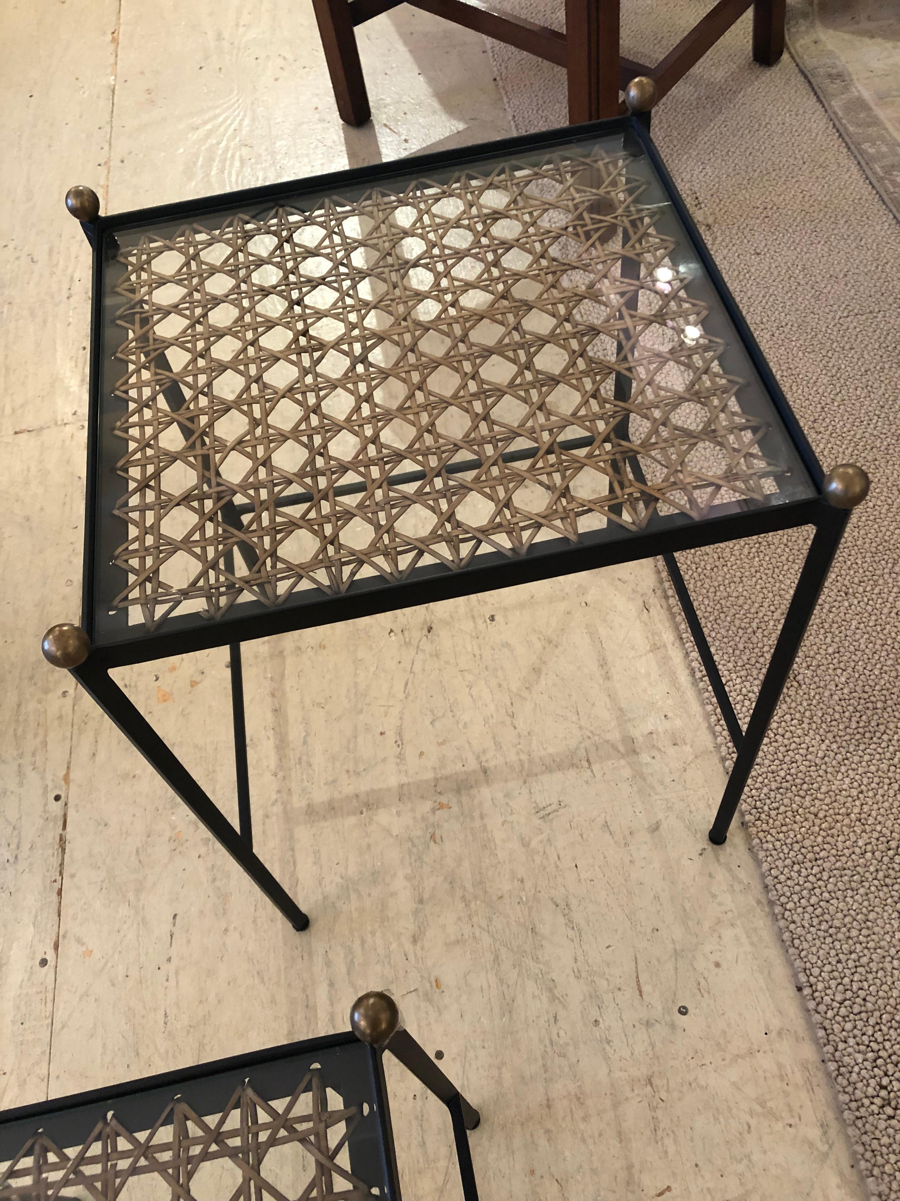 Set of 2 Great Looking Metal Cane and Brass Nesting Tables 4