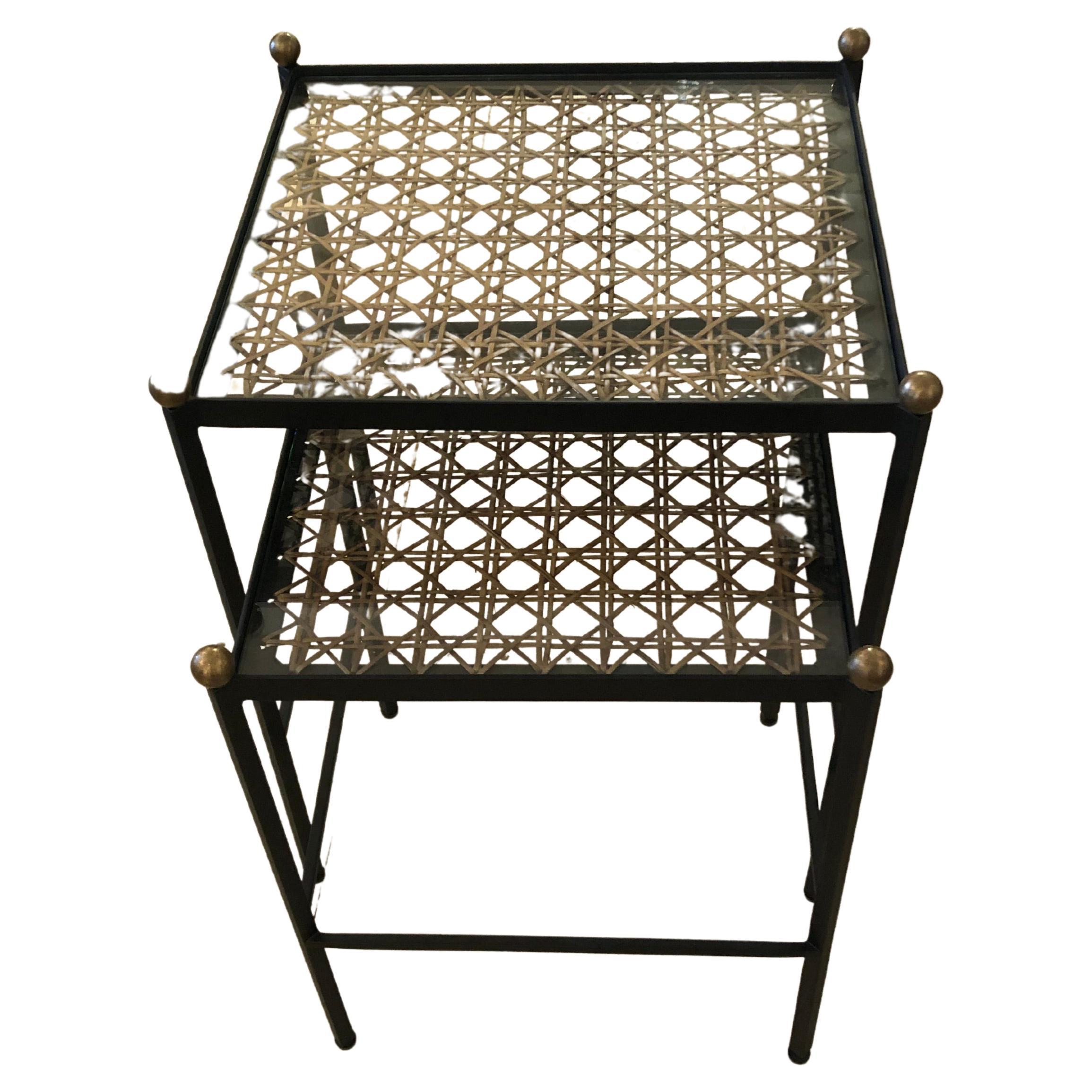 Set of 2 Great Looking Metal Cane and Brass Nesting Tables