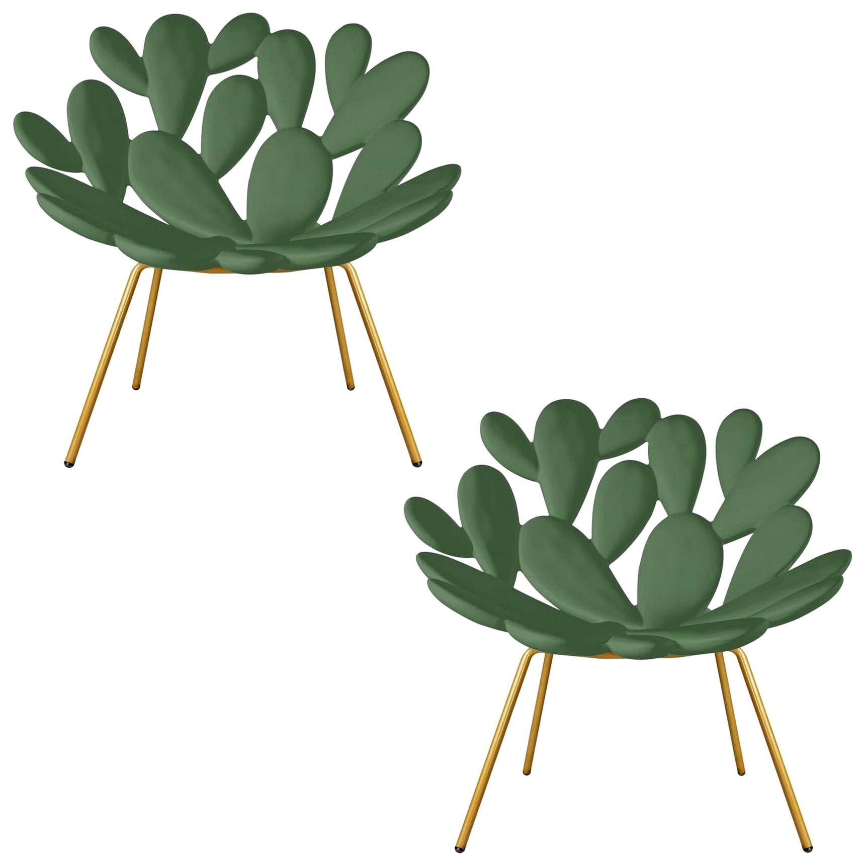 2er-Set Filicudi Kaktus-Stühle für den Außenbereich, grün und messingfarben, hergestellt in Italien