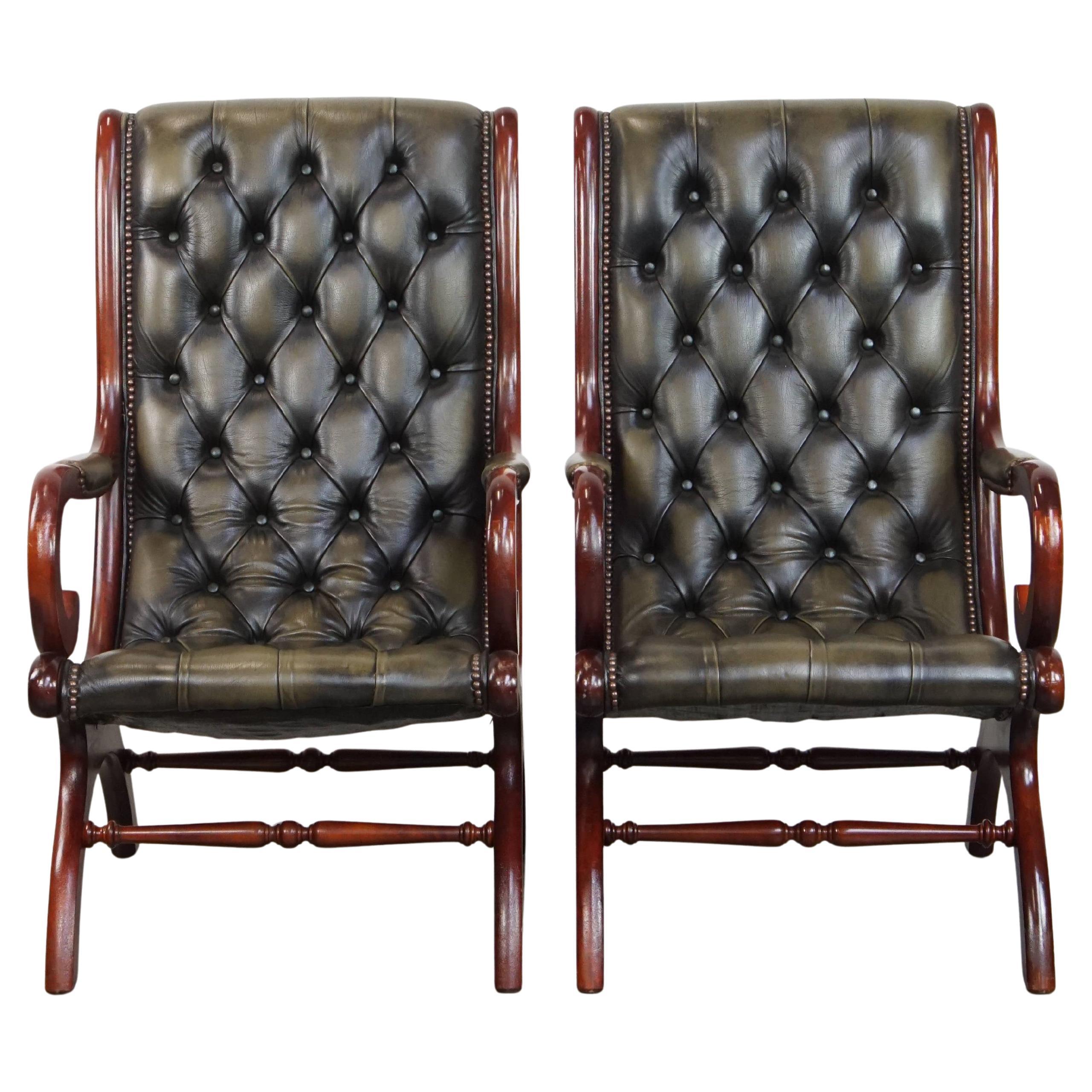 Set of 2 Green Cowhide Leather English Chesterfield Armchairs
