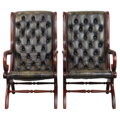 Set of 2 Green Cowhide Leather English Chesterfield Armchairs