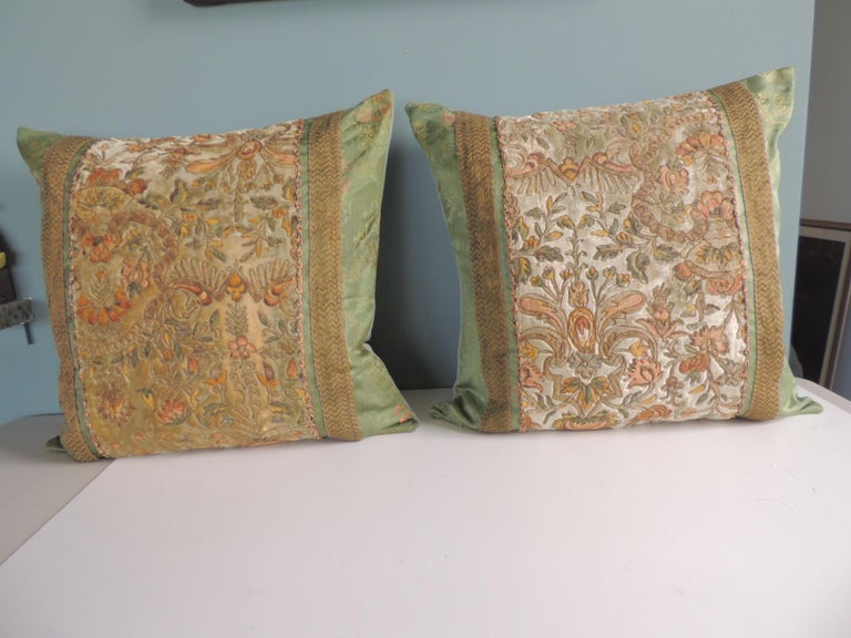 Set of (2) Green Floral Silk Velvet Square Decorative Pillows For Sale