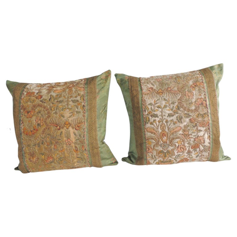 Set of (2) Green Floral Silk Velvet Square Decorative Pillows For Sale