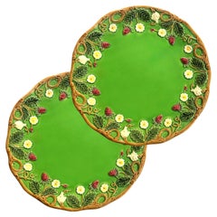 Set of 2 green flowery "George Sand" dessert plates, earthenware