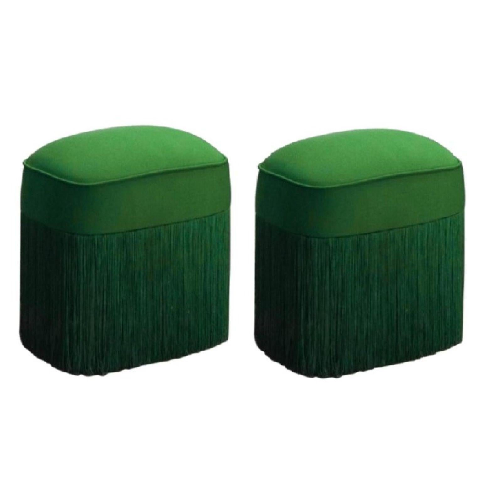 Set of 2 Green Galata Ottomans by Edvin Klasson
2017
Dimensions: H 45 x W 45 x D 30 cm
Materials: Upholstery, pine, polyester fringes

The ottoman was originally conceived in Turkey, and introduced to Europe in the
late 18th century. Galata is
