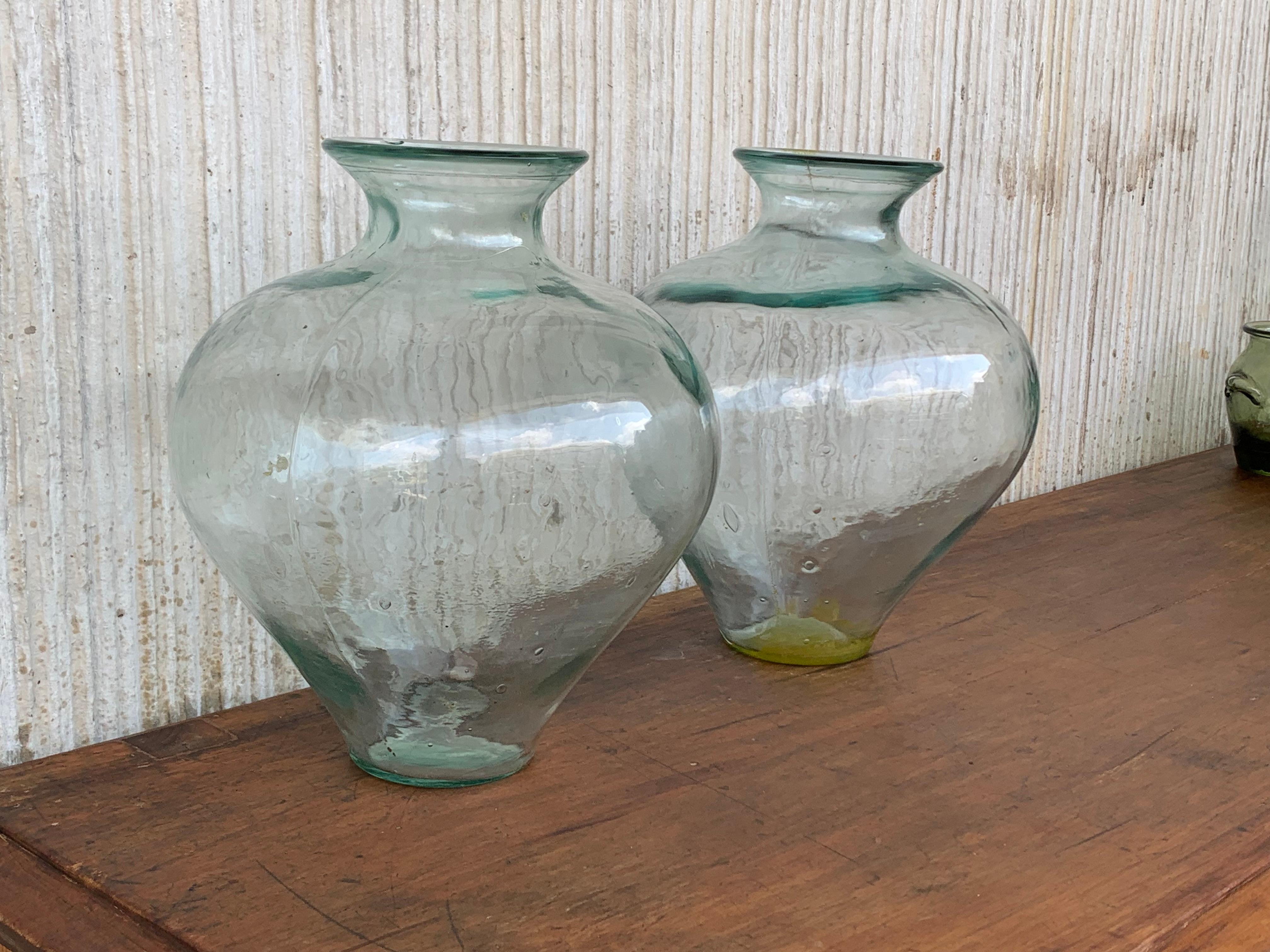Spanish Set of 2 Green Glass French Demijohn Bottles For Sale