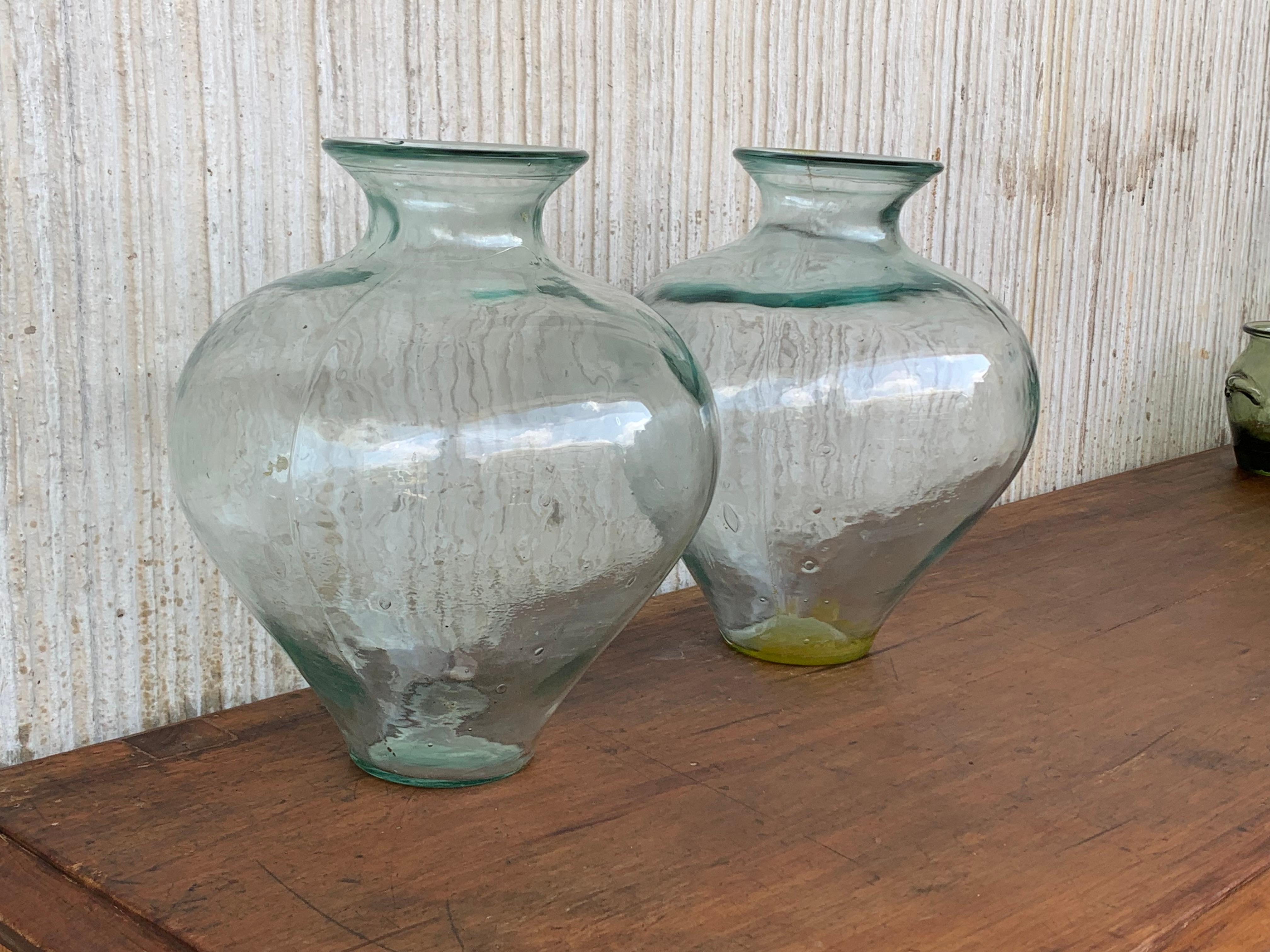 Set of 2 Green Glass French Demijohn Bottles with Woven Esparto Basket For Sale 2