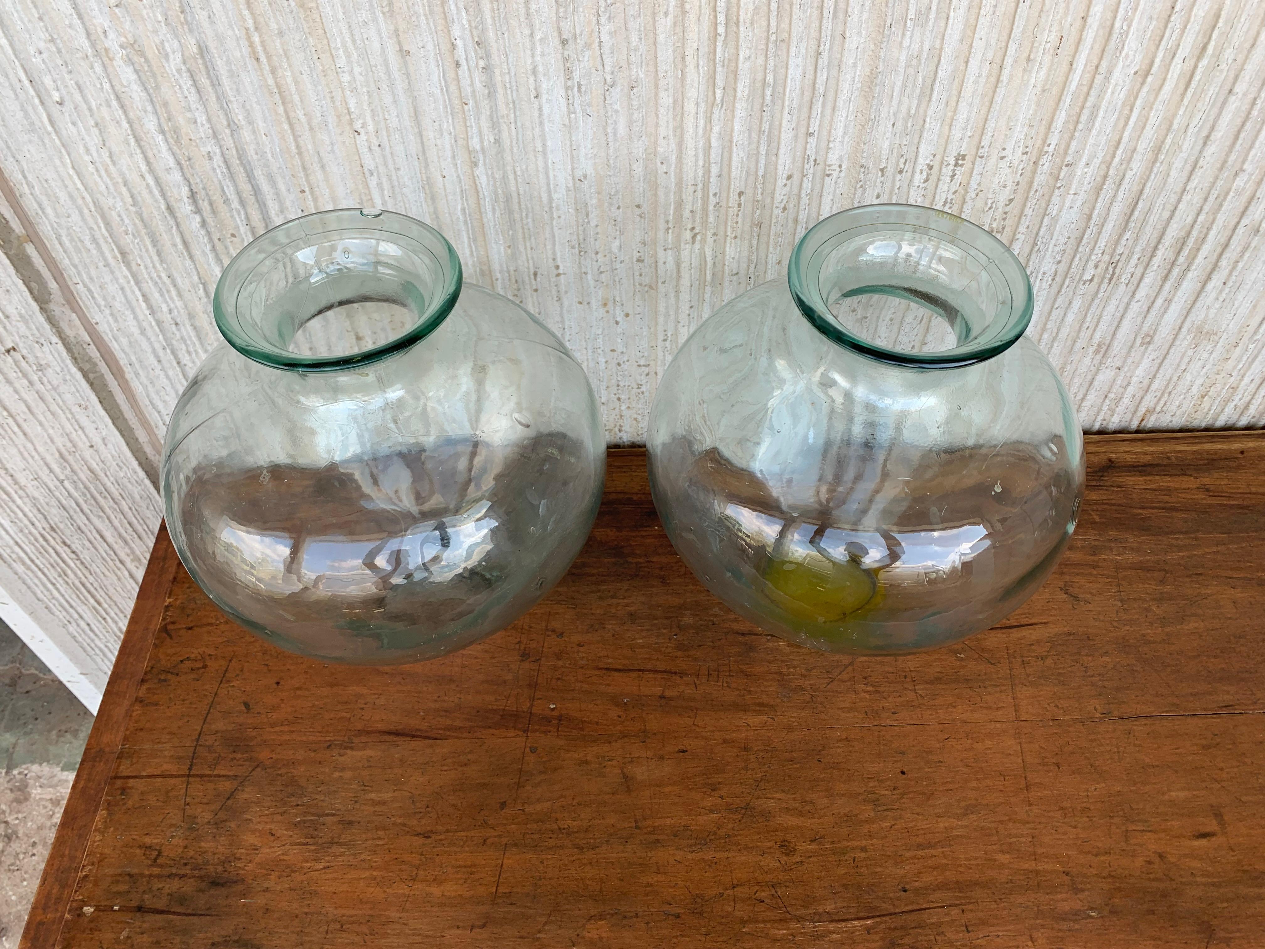 Set of 2 Green Glass French Demijohn Bottles with Woven Esparto Basket For Sale 3