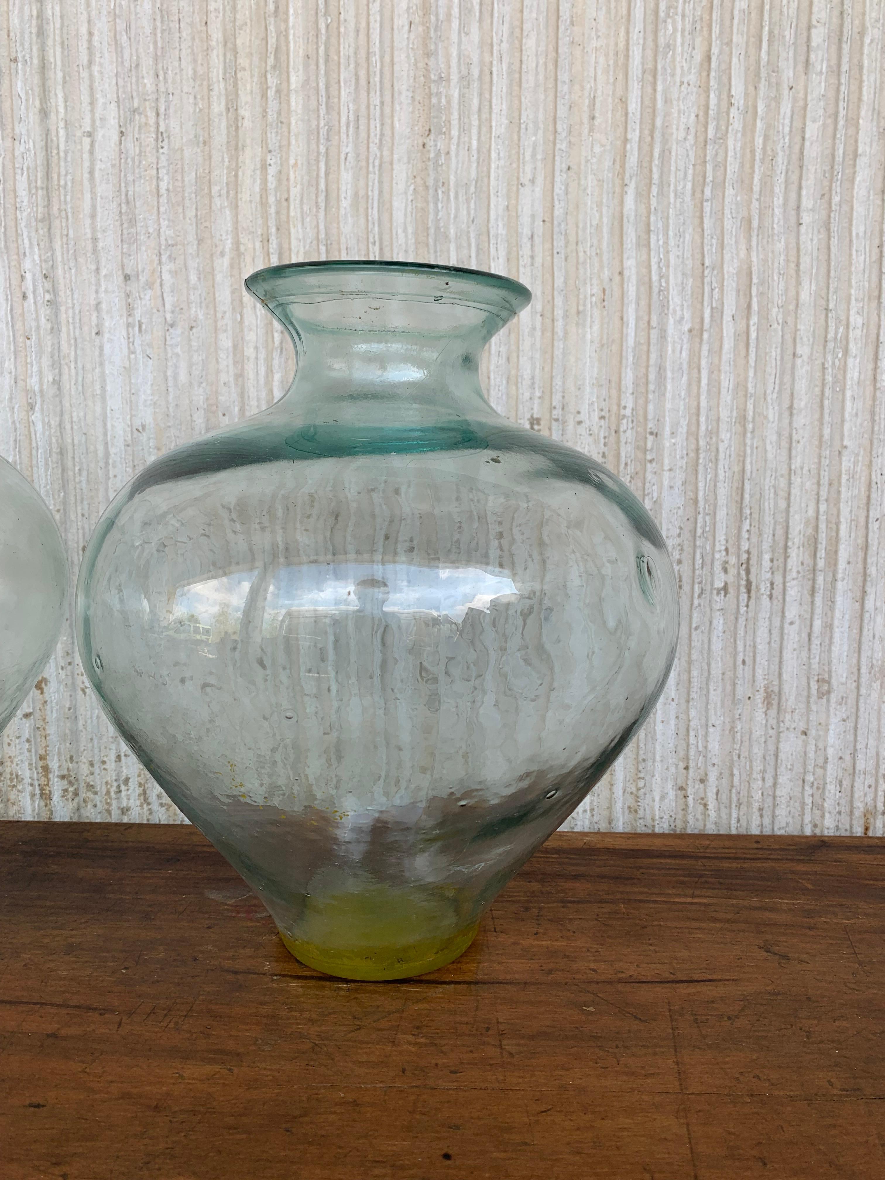 Set of 2 Green Glass French Demijohn Bottles with Woven Esparto Basket For Sale 6
