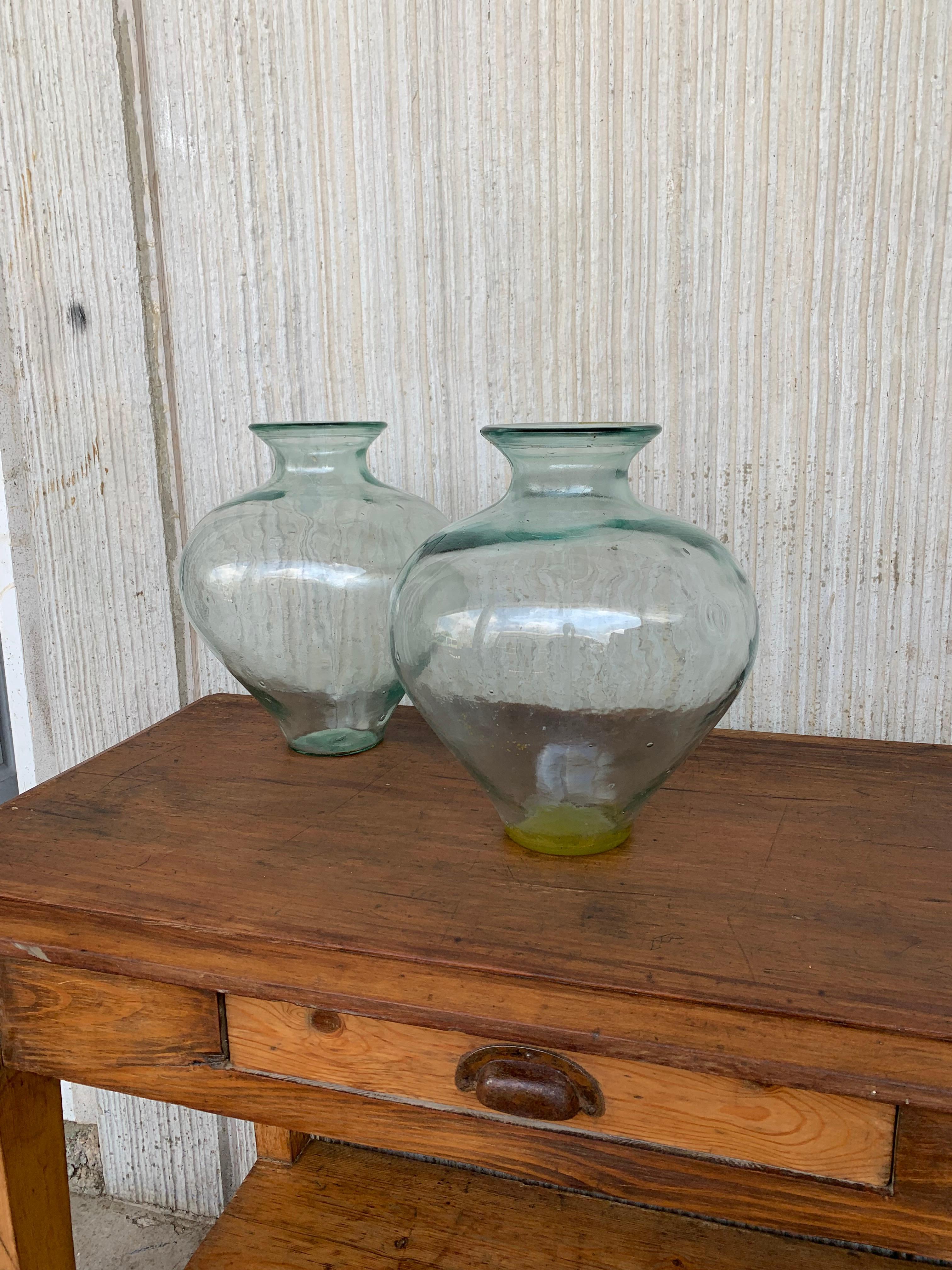 Natural Fiber Set of 2 Green Glass French Demijohn Bottles with Woven Esparto Basket For Sale