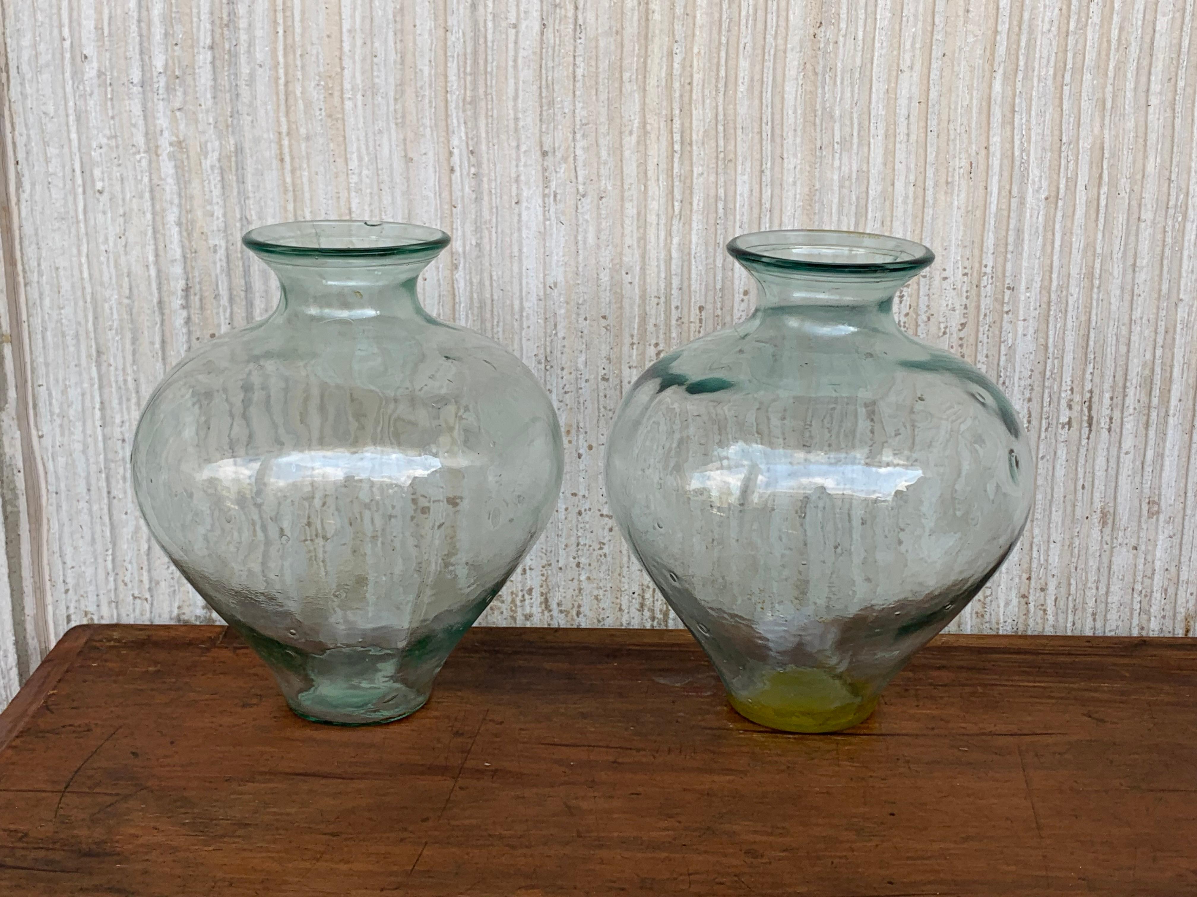 Set of 2 Green Glass French Demijohn Bottles with Woven Esparto Basket For Sale 1