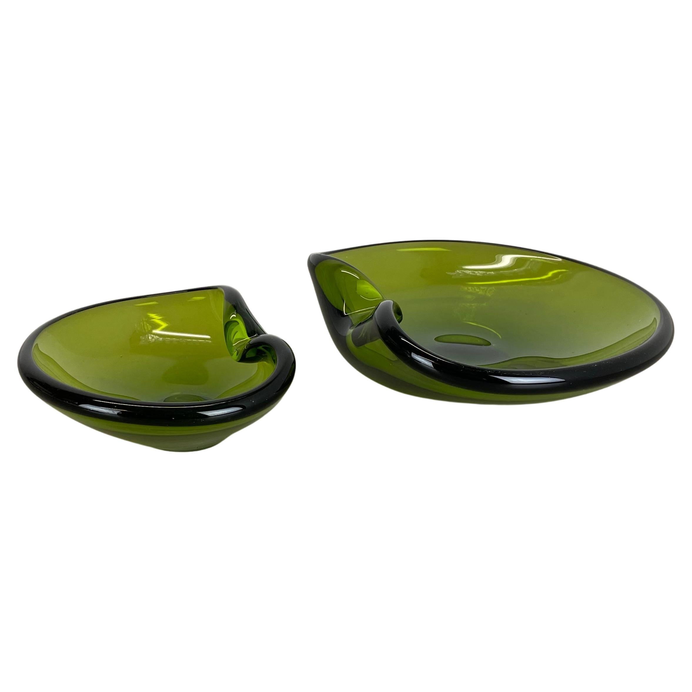 Set of 2 Green Glass Shell Bowls by Per Lutken for Holmegaard, Denmark, 1960s