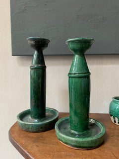 Set of 2 Green Glazed 19th Century Candlestickholders
