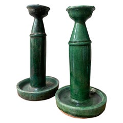Set of 2 Green Glazed 19th Century Candlestickholders