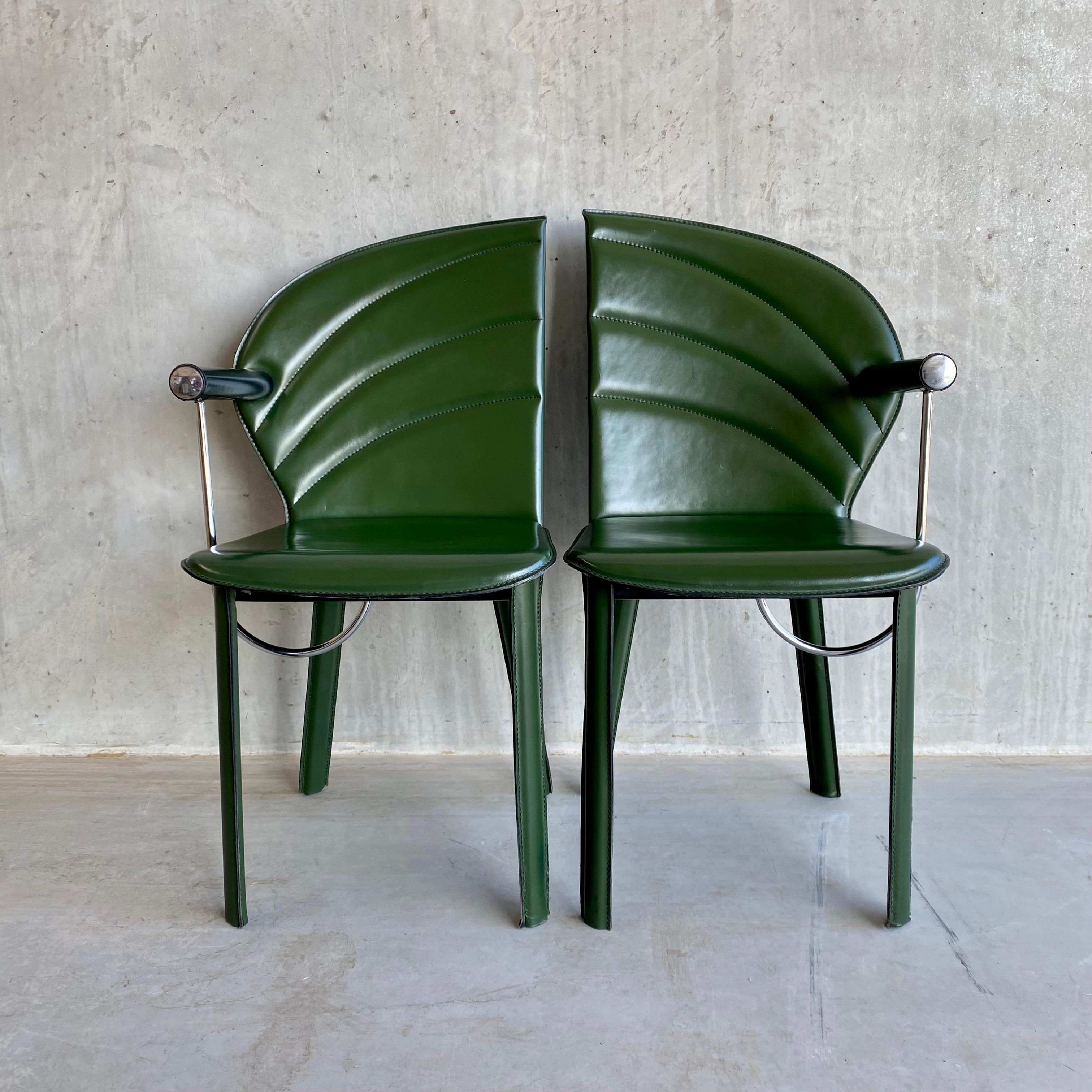 Post-Modern 2 x Naos Green Leather Arm Chairs by Mario Morbidelli Italy 1980 For Sale