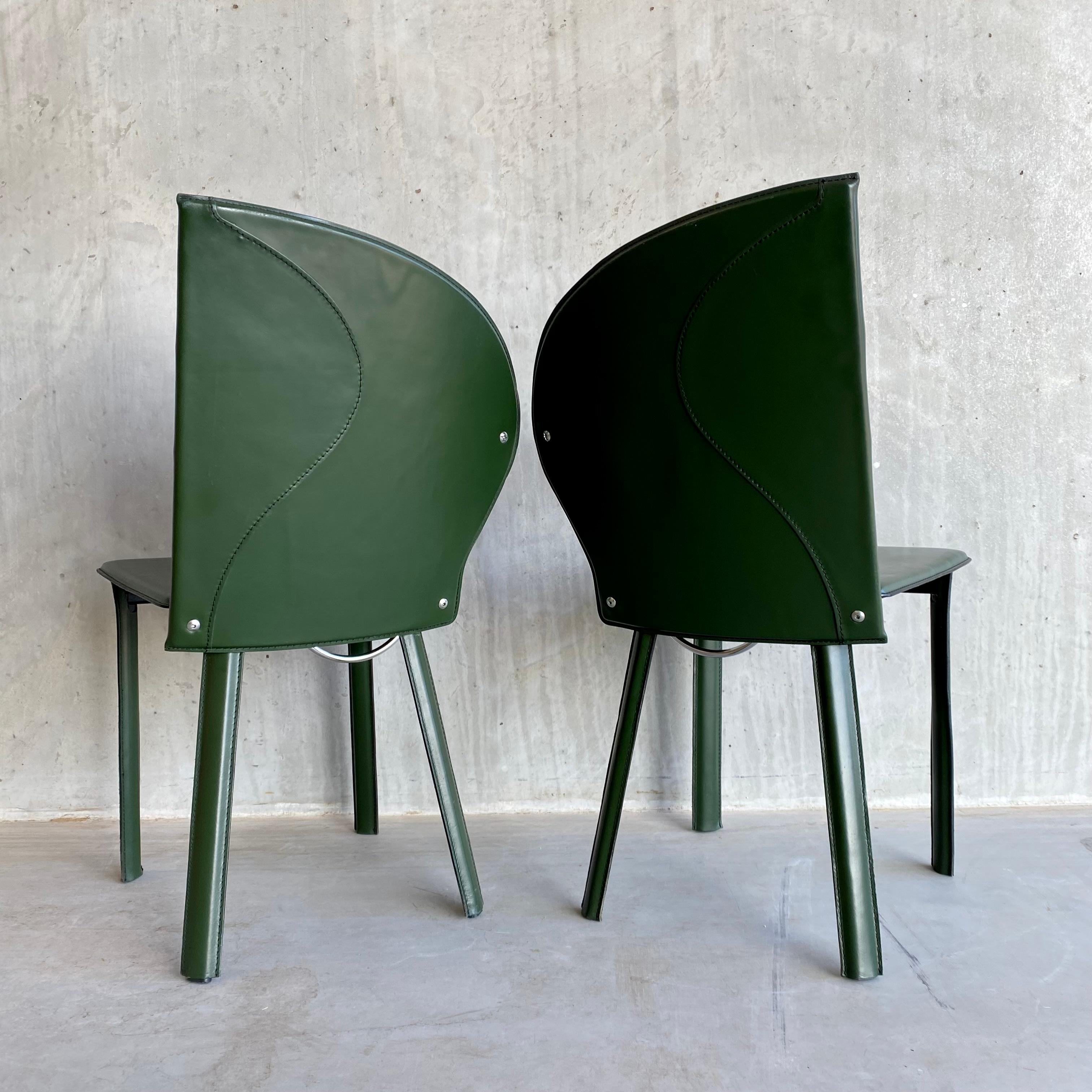 Italian 2 x Naos Green Leather Arm Chairs by Mario Morbidelli Italy 1980 For Sale