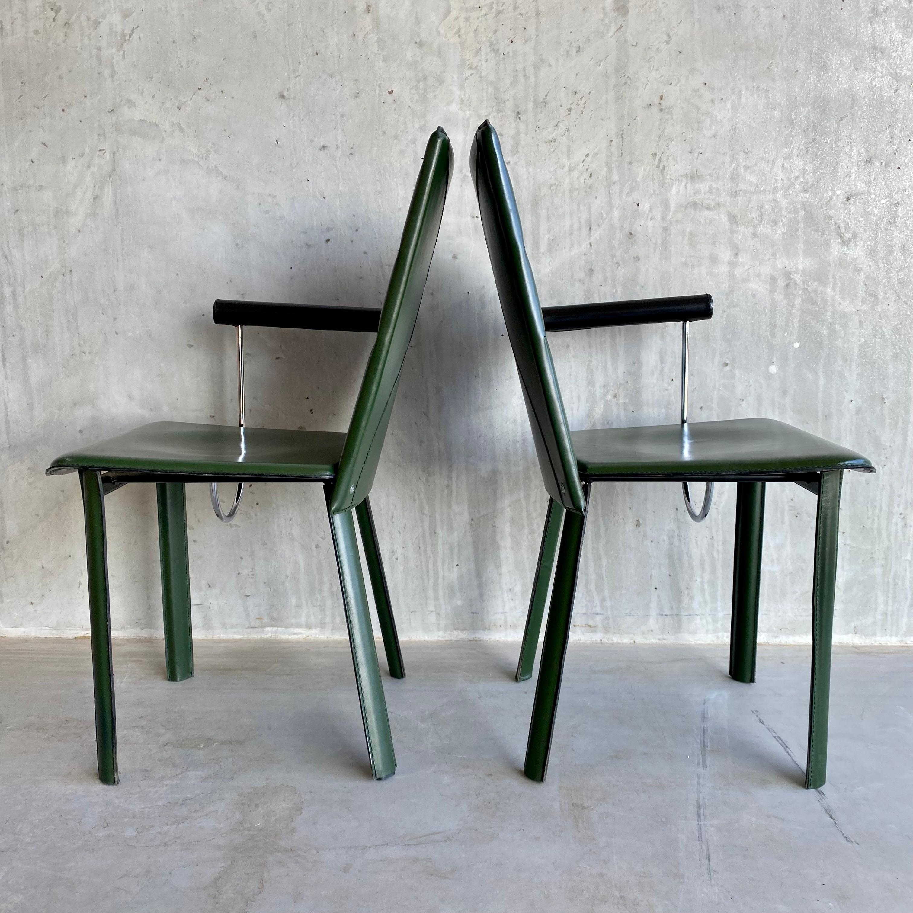 2 x Naos Green Leather Arm Chairs by Mario Morbidelli Italy 1980 In Good Condition For Sale In DE MEERN, NL