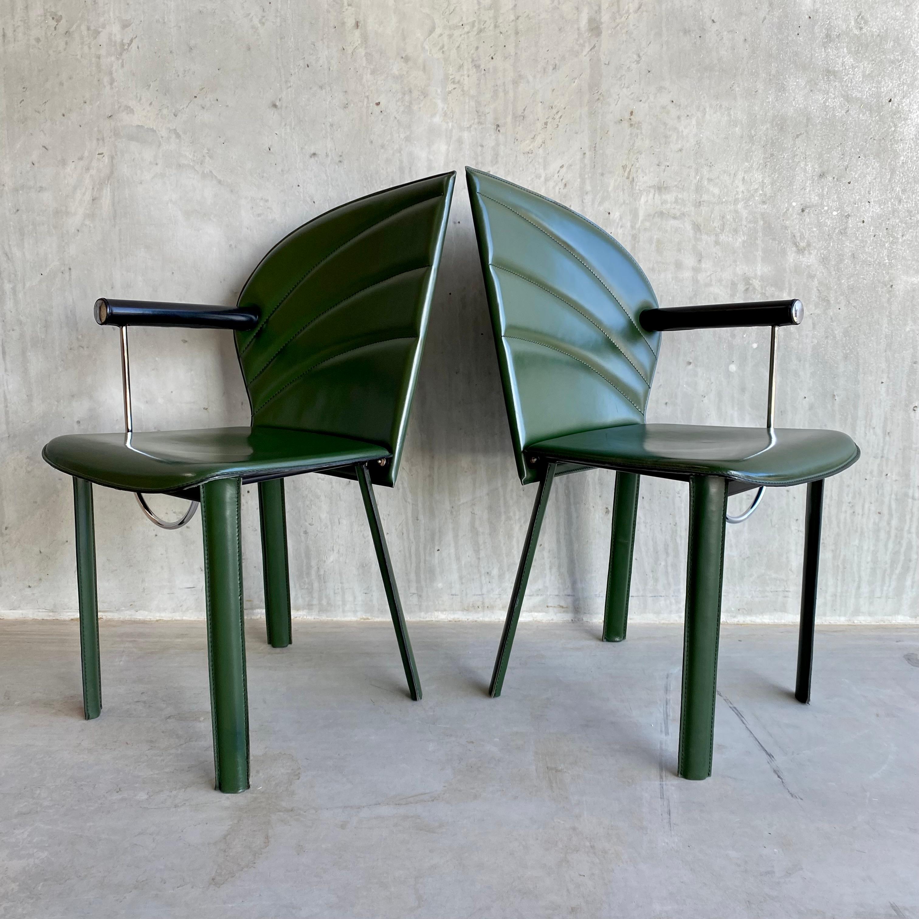 Late 20th Century 2 x Naos Green Leather Arm Chairs by Mario Morbidelli Italy 1980 For Sale