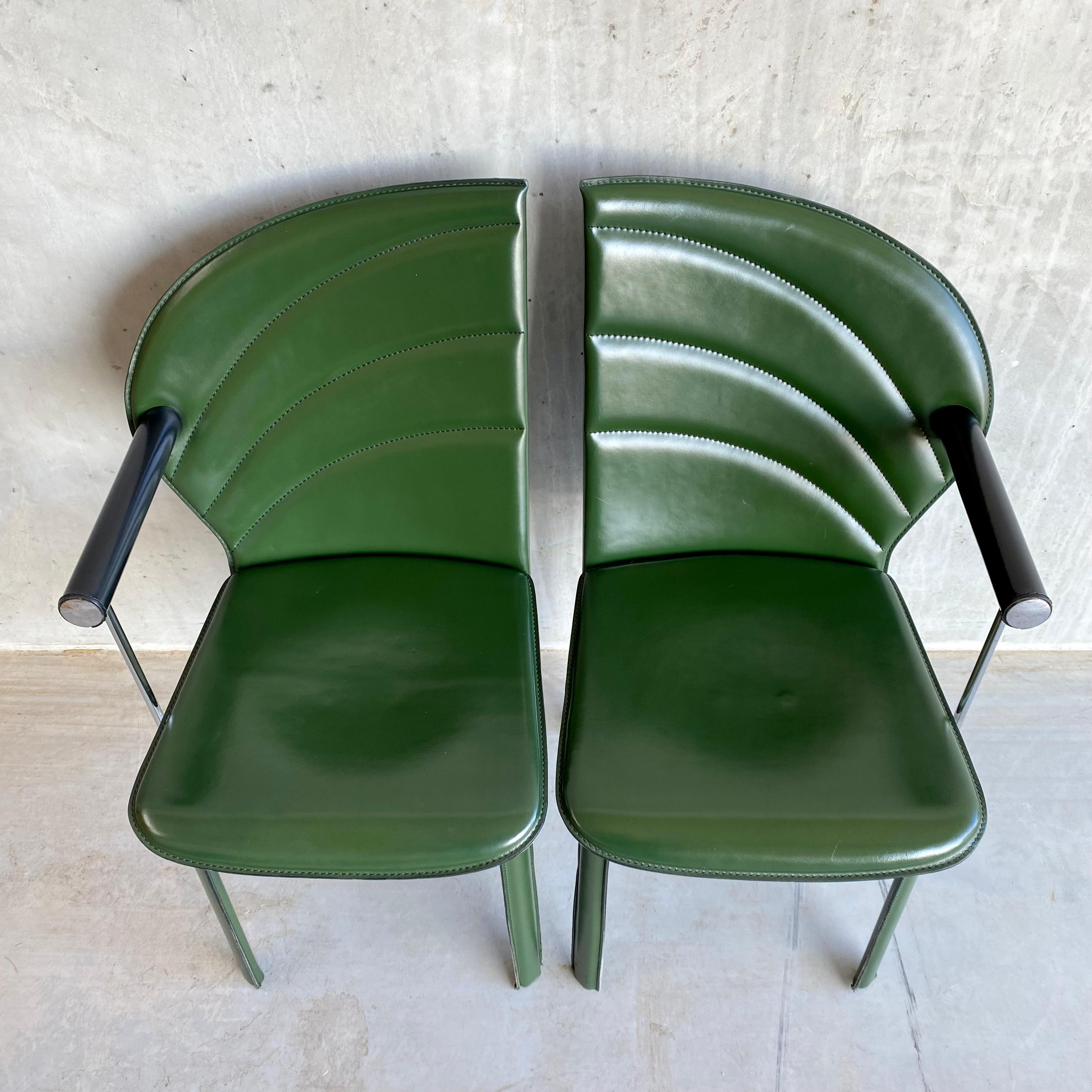 2 x Naos Green Leather Arm Chairs by Mario Morbidelli Italy 1980 For Sale 1