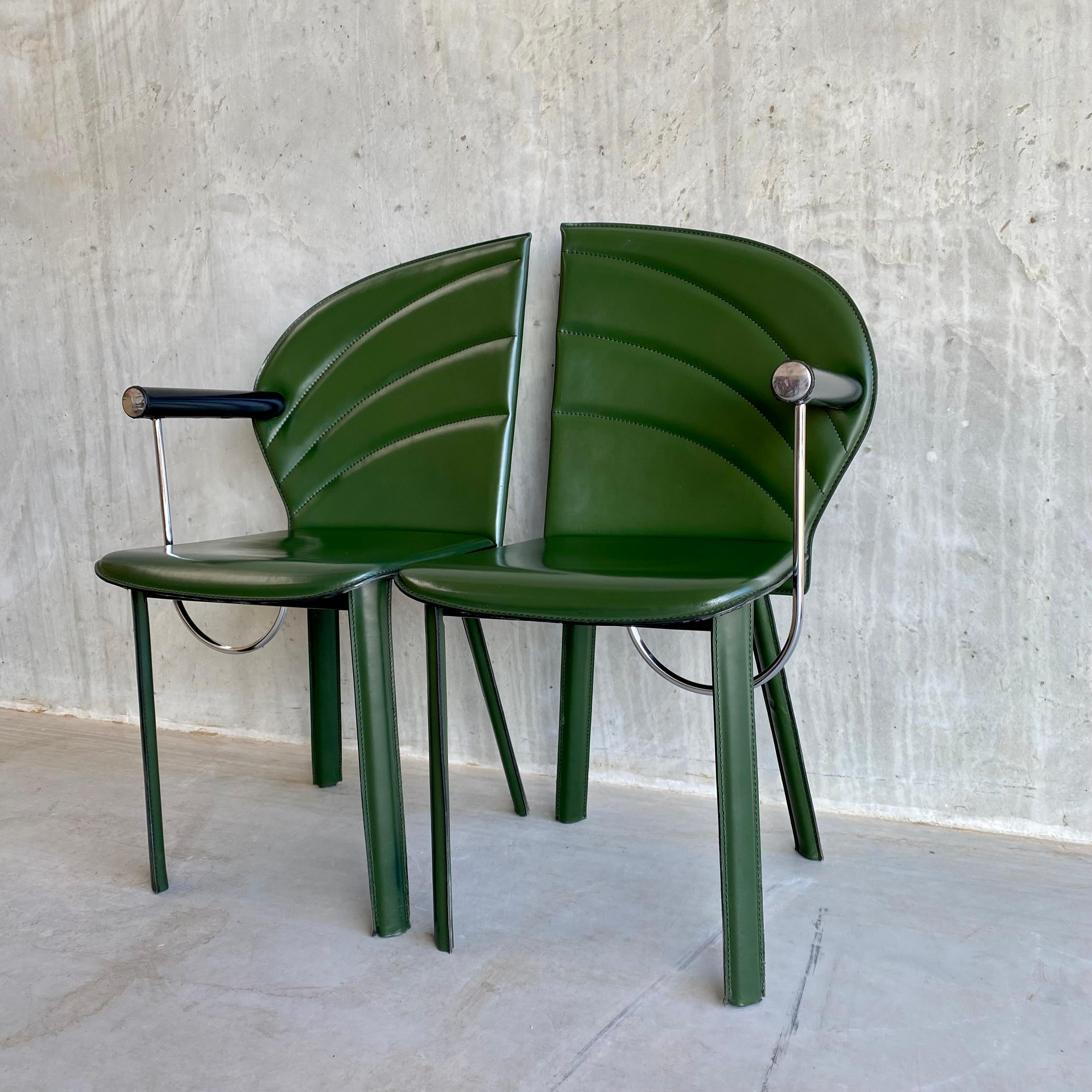 2 x Naos Green Leather Arm Chairs by Mario Morbidelli Italy 1980 For Sale 3