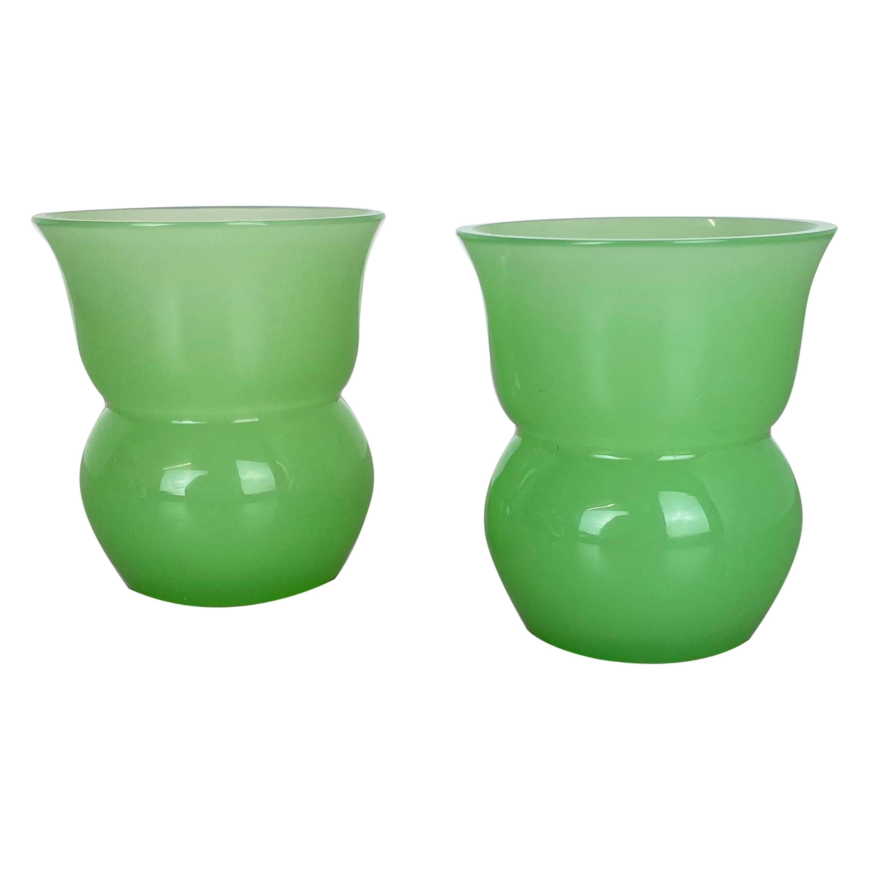 Set of 2 Green New Old Stock Murano Opaline Glass Vases by Gino Cenedese, 1960s For Sale