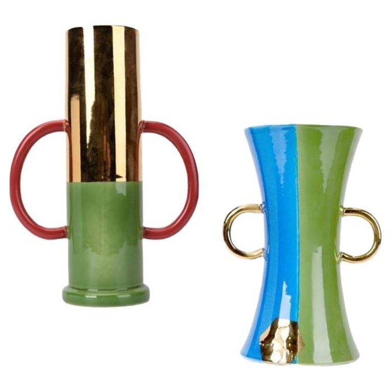 Set of 2 Green Porcelain Vases by WL CERAMICS For Sale at 1stDibs