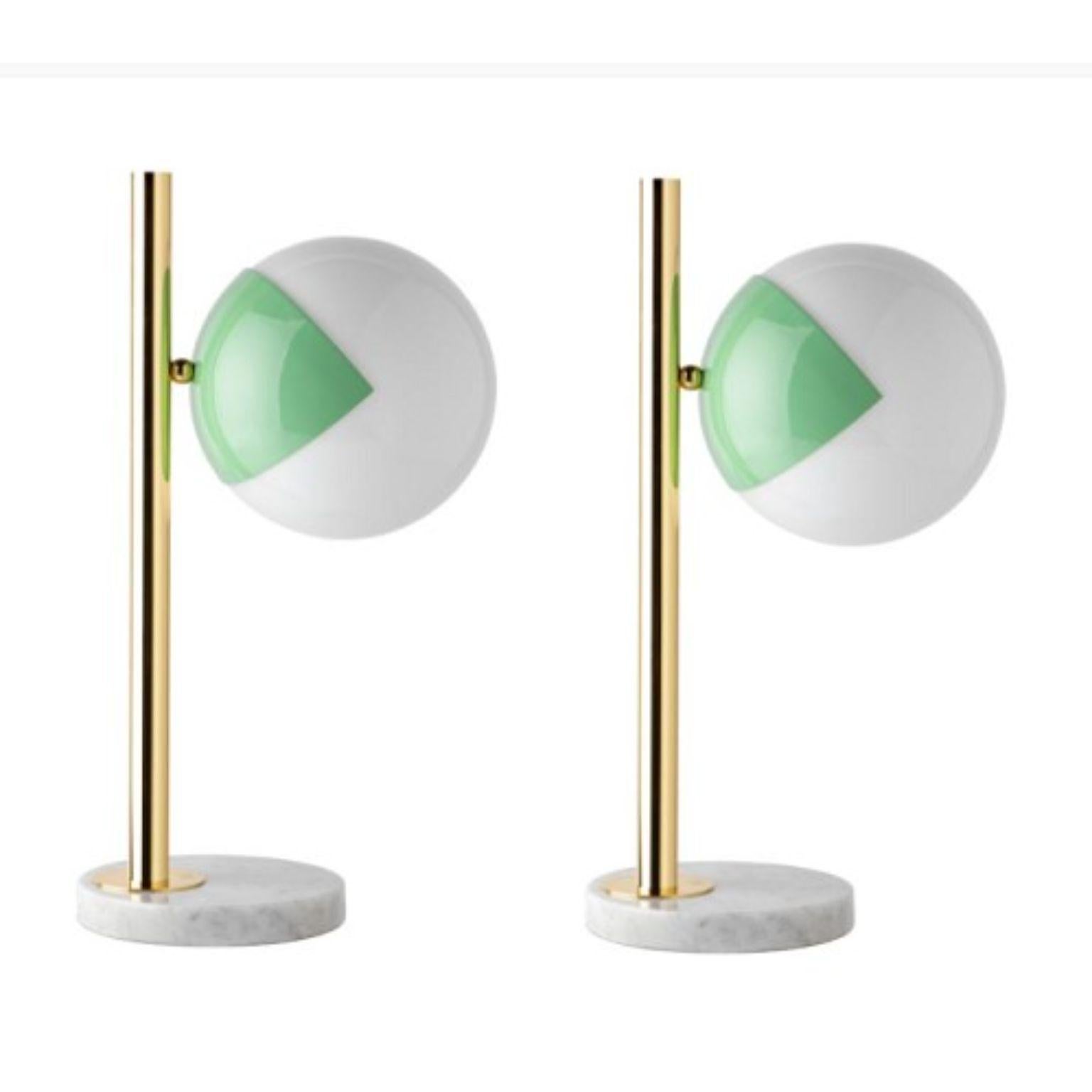 Green table lamp pop-up dimmable by Magic Circus Editions
Dimensions: Ø 22 x 30 x 53 cm 
Materials: Carrara marble base, smooth brass tube, glossy mouth blown glass
Also non-dimmable version available.

All our lamps can be wired according to