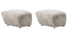Set of 2 Green Tea Natural Oak Sheepskin the Tired Man Footstools by Lassen