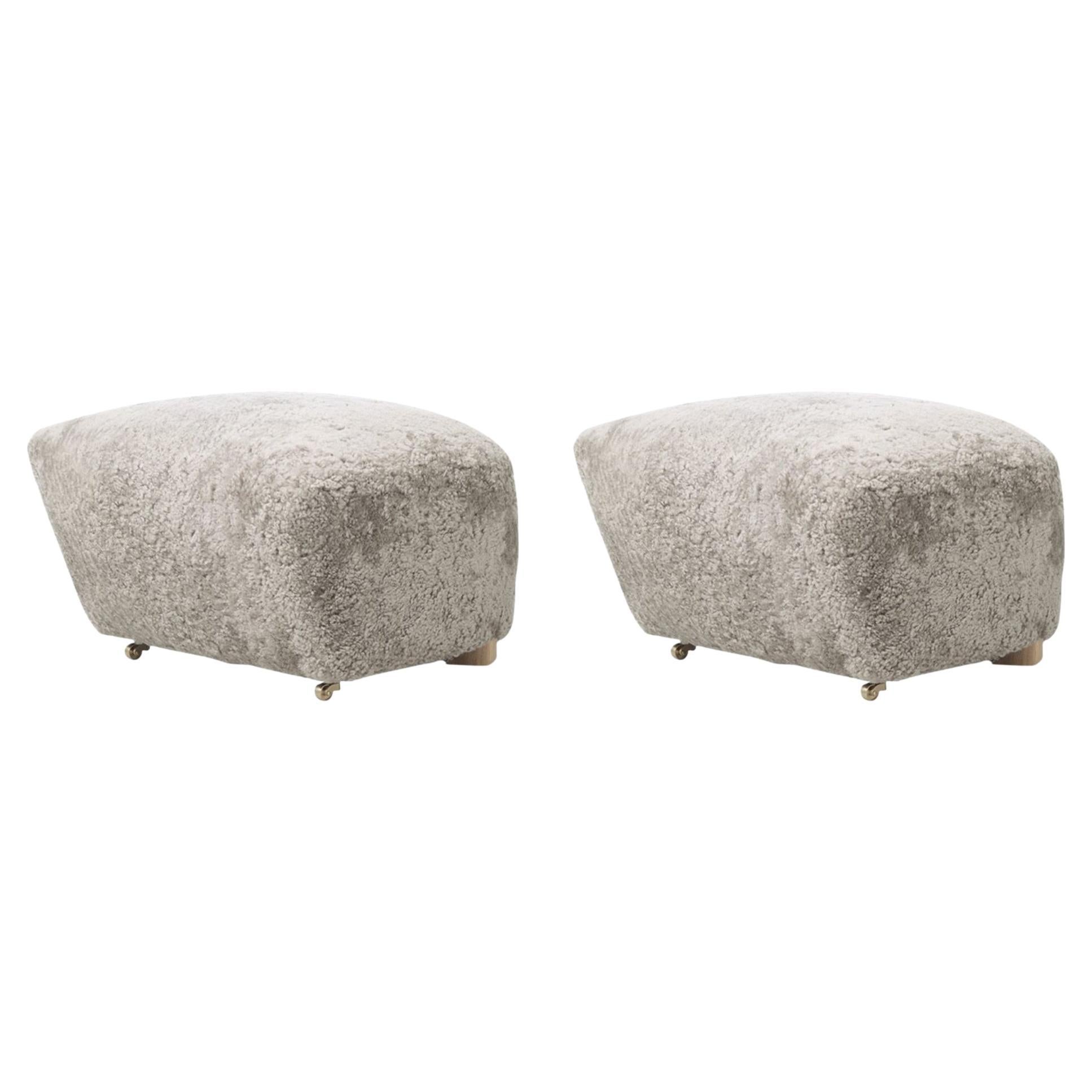 Set of 2 Green Tea Natural Oak Sheepskin the Tired Man Footstools by Lassen