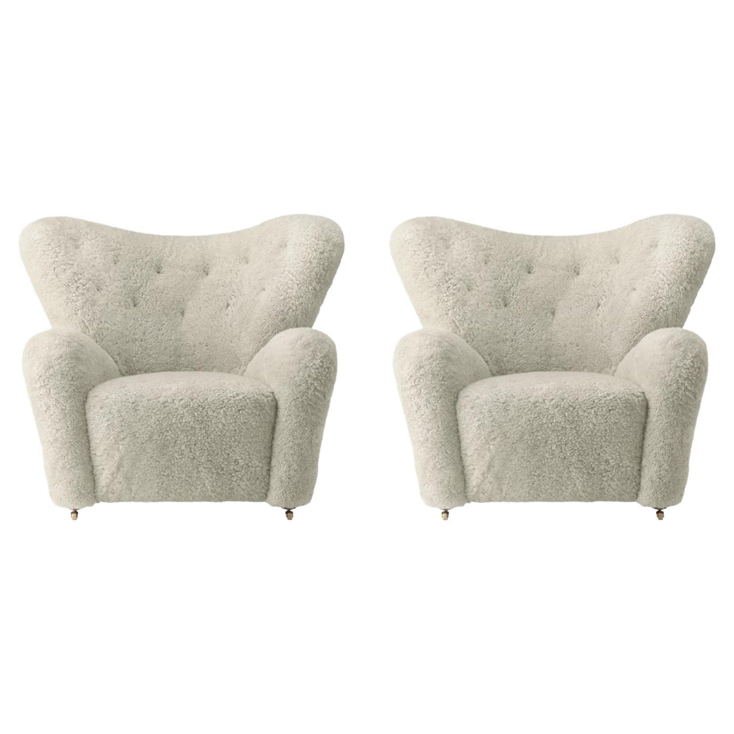 Set of 2 Green Tea Sheepskin the Tired Man Lounge Chair by Lassen For Sale